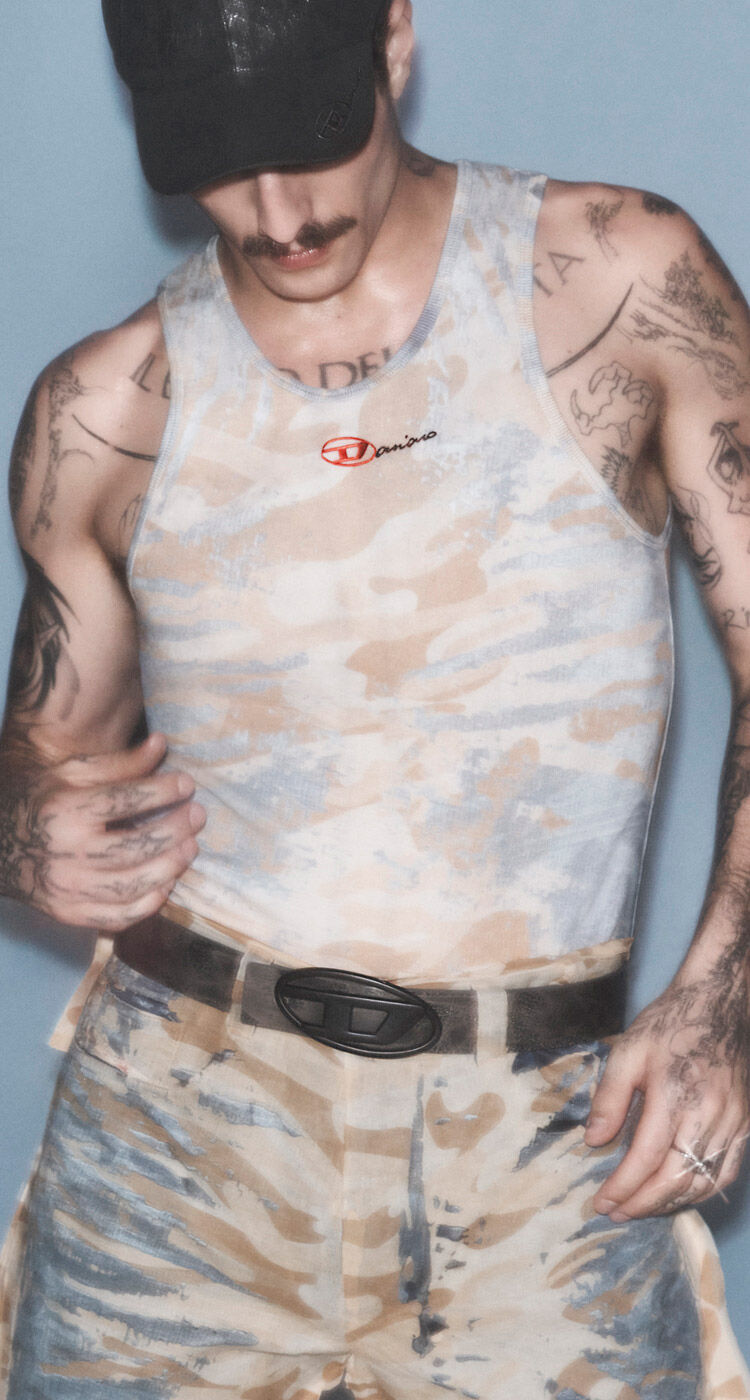 Damiano David wearing his capsule created in collaboration with Diesel