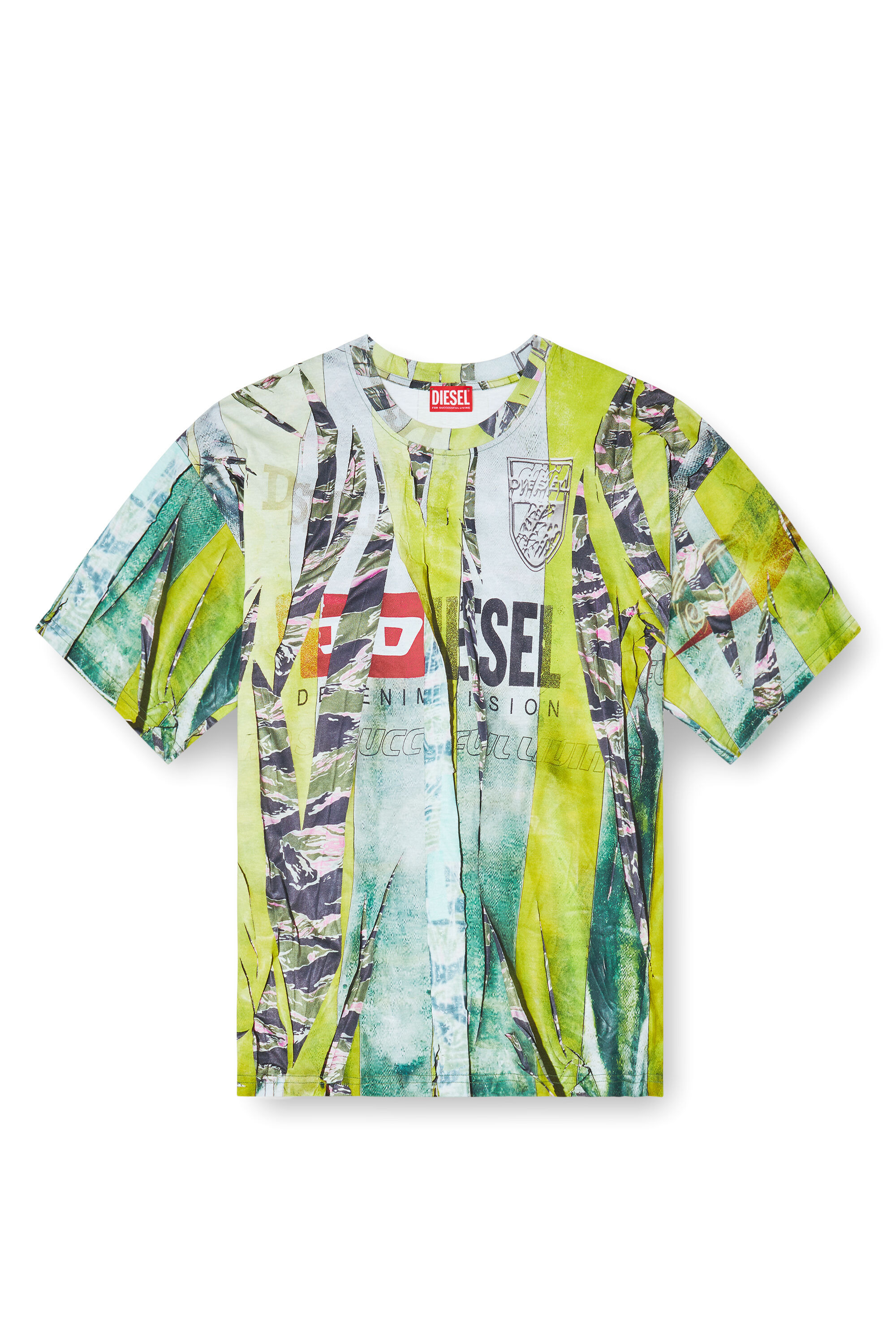 Diesel - T-BOXT-R13, Man's T-shirt with trompe l'oeil cracked print in Green/Yellow - 2