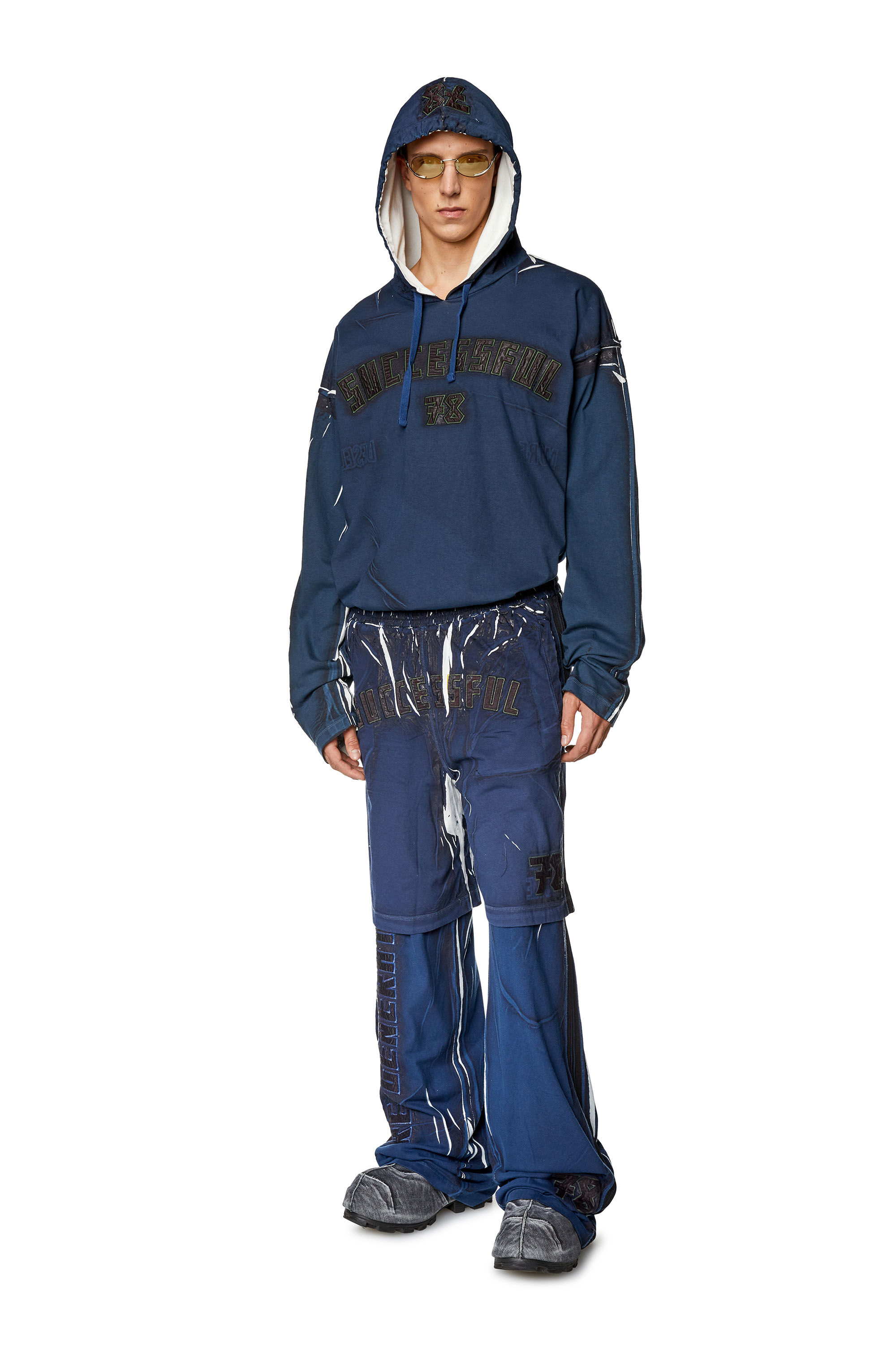 Diesel - T-NABEL-HOOD-LS, Man's Printed hooded top with logo appliqués in Dark Blue - 1