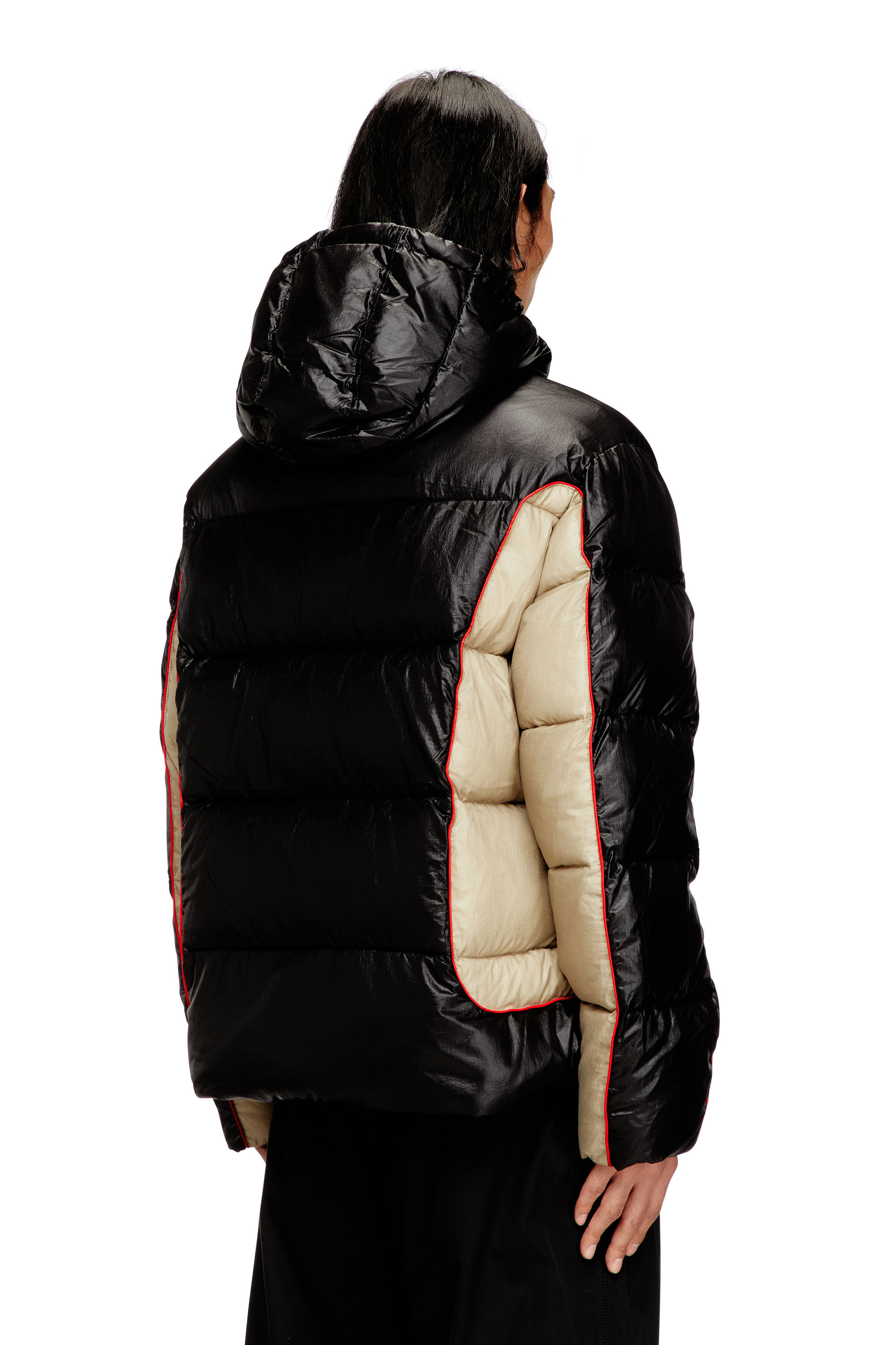 Diesel - W-OSTEND, Man's Hooded puffer jacket in shiny ripstop in Black/Beige - 4