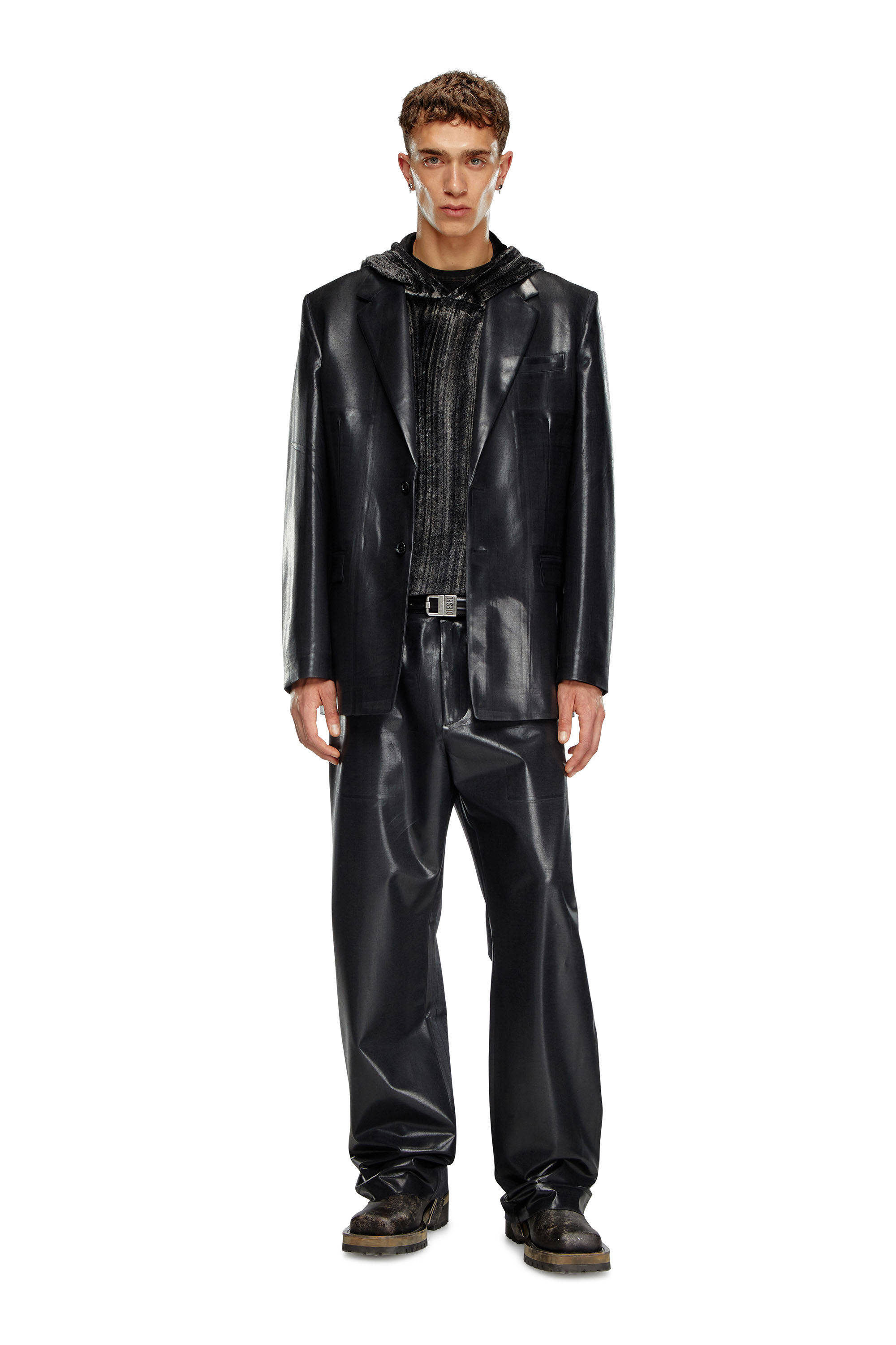 Diesel - J-STANLEY, Man Pinstripe blazer with coated front in Black - Image 1