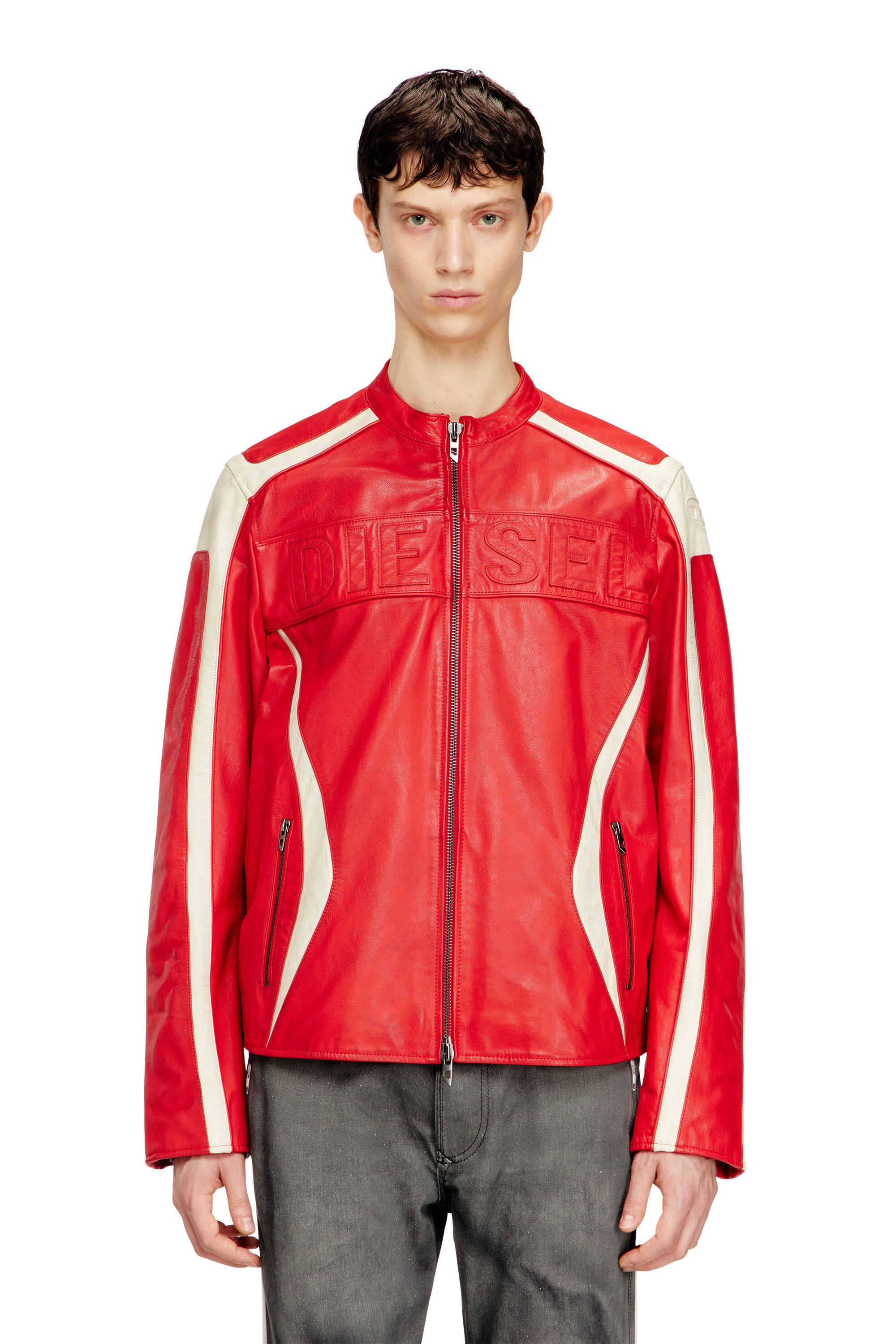 Diesel - L-ADAM, Man's Colour-block leather biker jacket in Red/White - 3