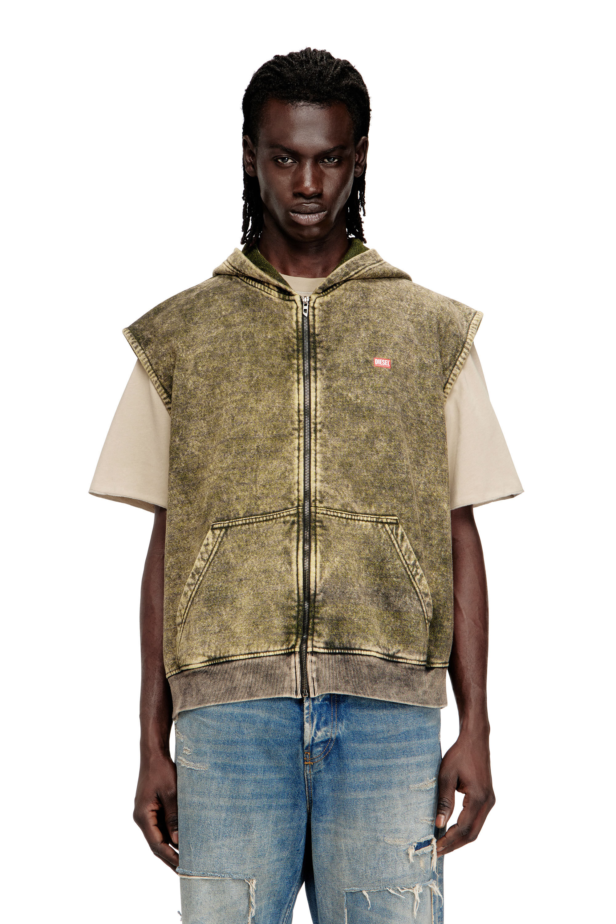 Diesel - S-BOXT-SL-ZIP, Man's Hoodie with acid wash and Diesel logo in Light Brown - 3