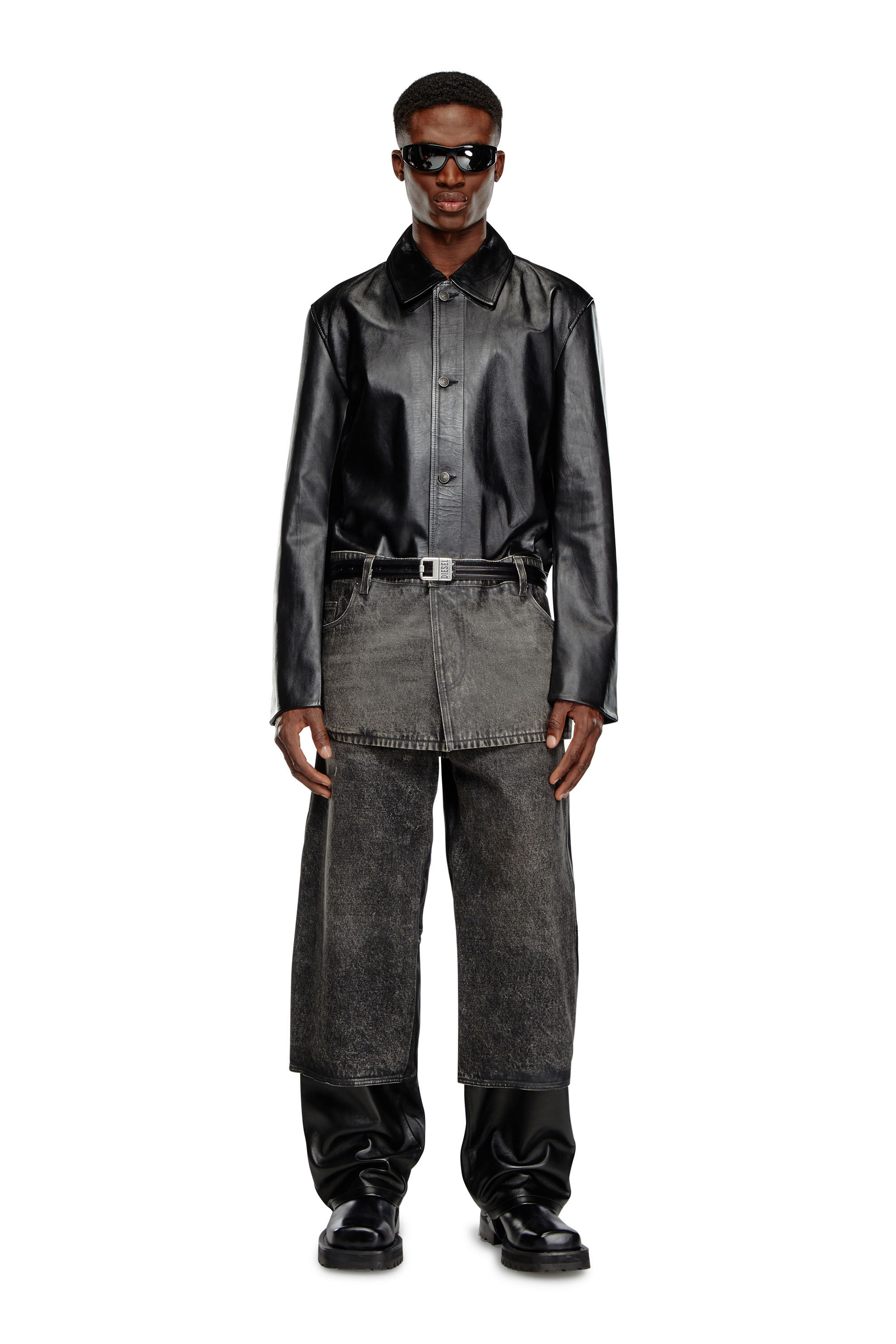 Diesel - P-BRETCH, Man Leather and denim pants in Black - Image 1