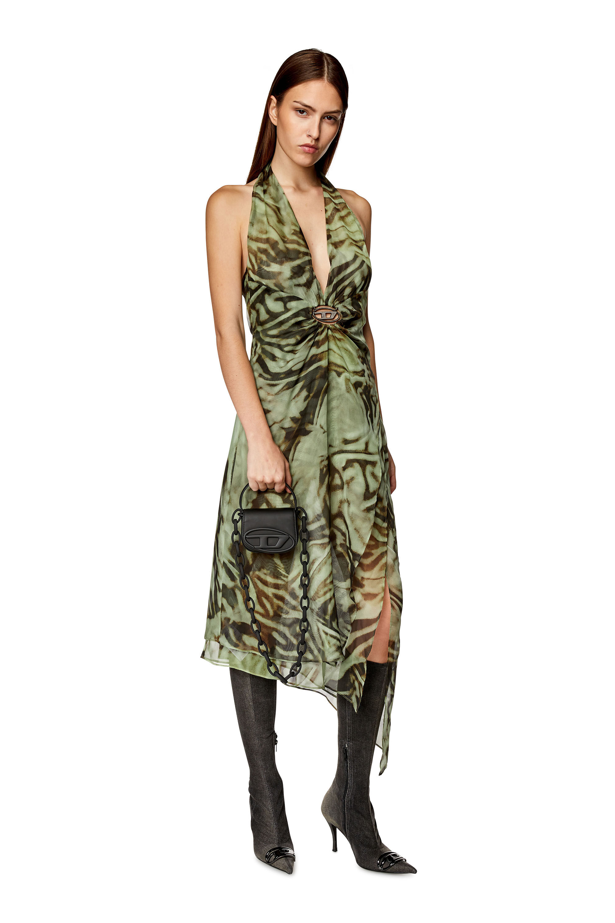 Diesel - D-STINT, Woman Asymmetric midi dress in camo chiffon in Green - Image 1