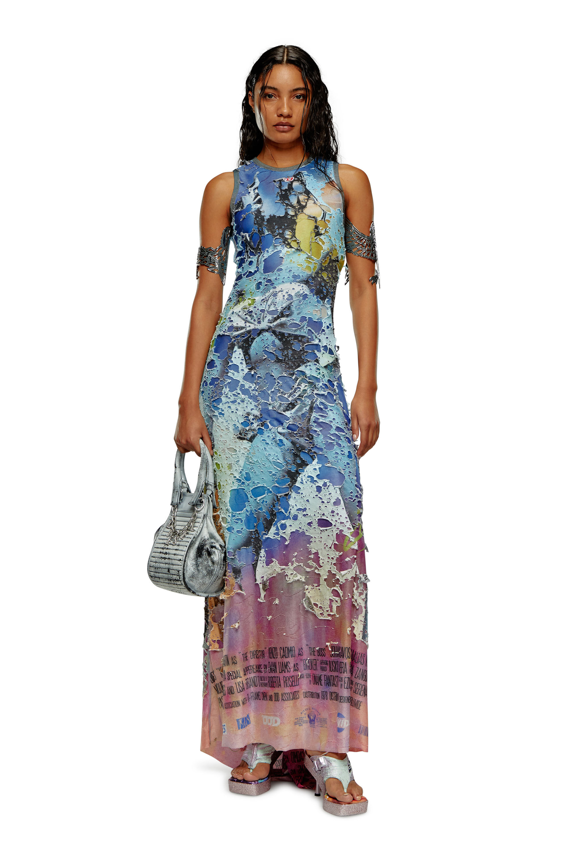 Diesel - D-LEELE, Woman Destroyed jersey gown with poster print in Multicolor - Image 1