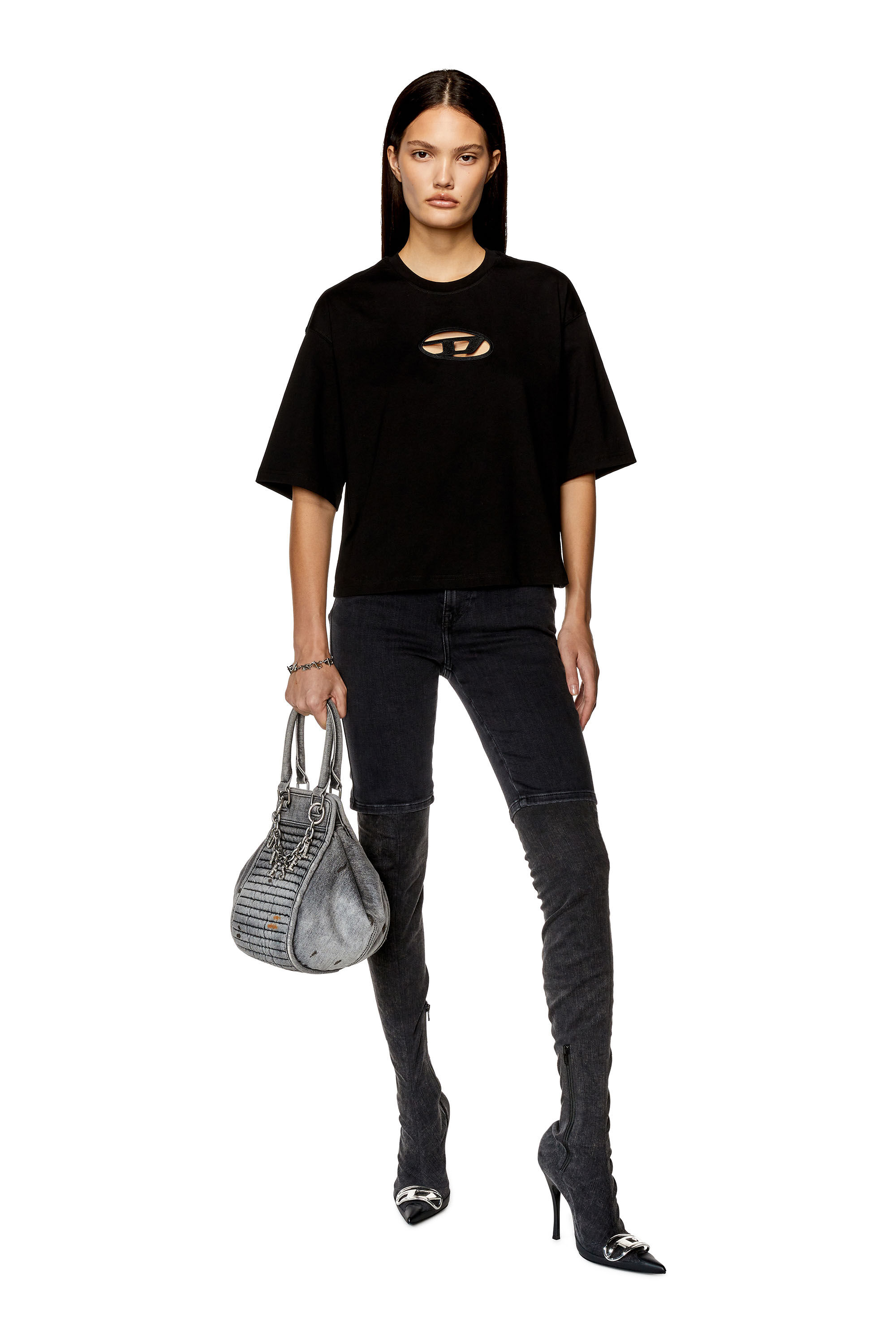 Diesel - T-ROWY-OD, Woman Boxy T-shirt with embroidered D in Black - Image 1