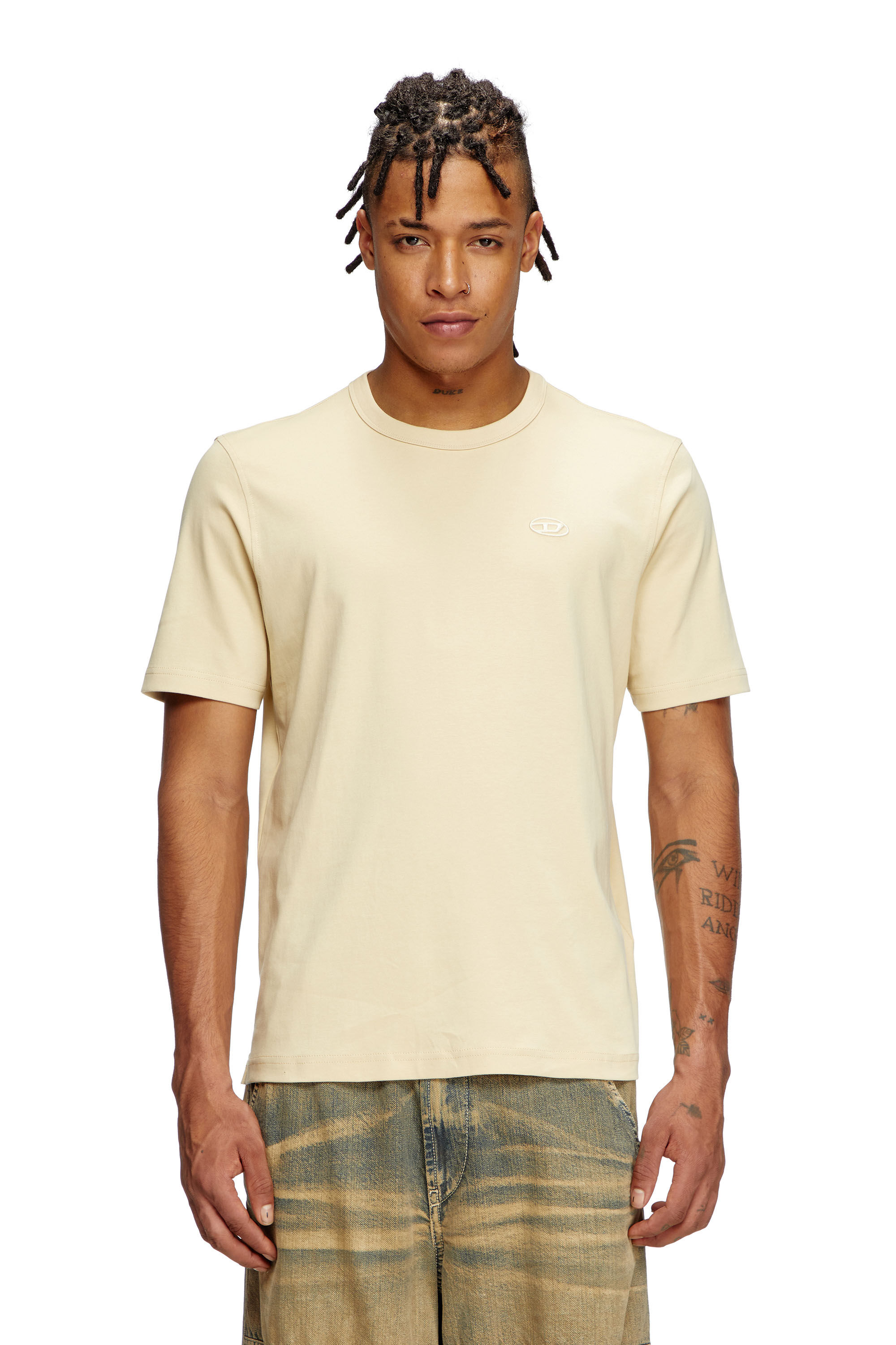 Diesel - T-ADJUST-SLITS-R17, Man's T-shirt with tonal logo embroidery in Beige - 3