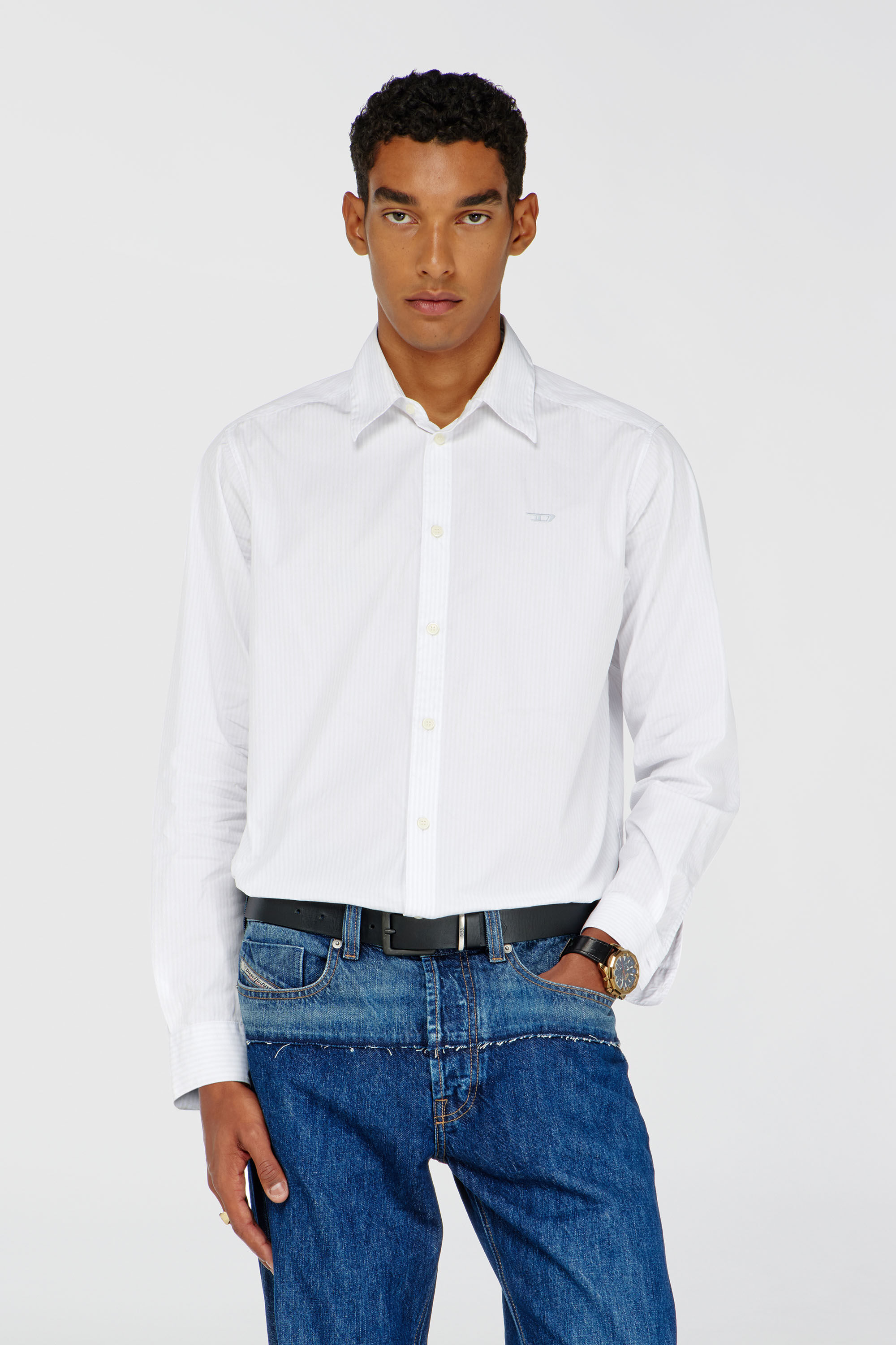 Diesel - S-SIMPLY-NA-DNAN, Man's Striped shirt in cotton with D embroidery in White - 3