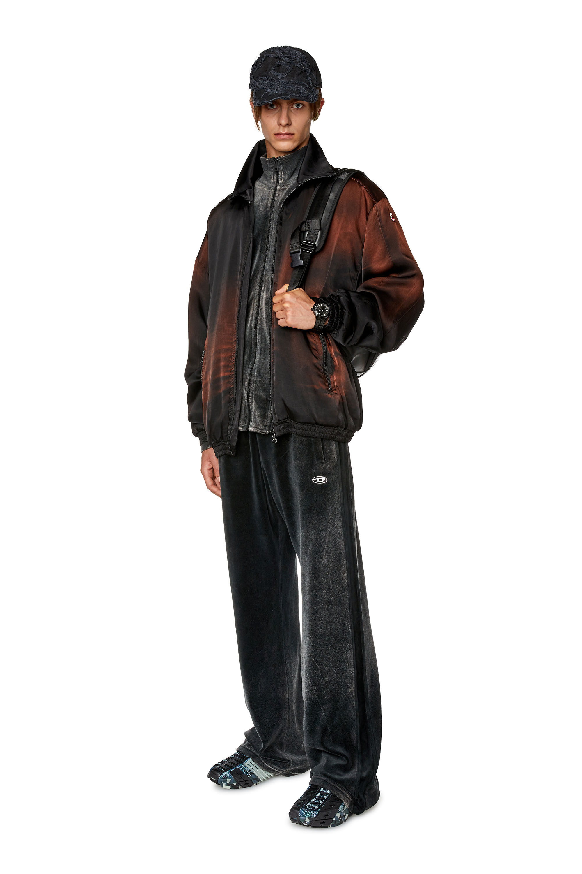 Diesel - P-ZAMPBAND, Man Chenille track pants with side bands in Black - Image 1