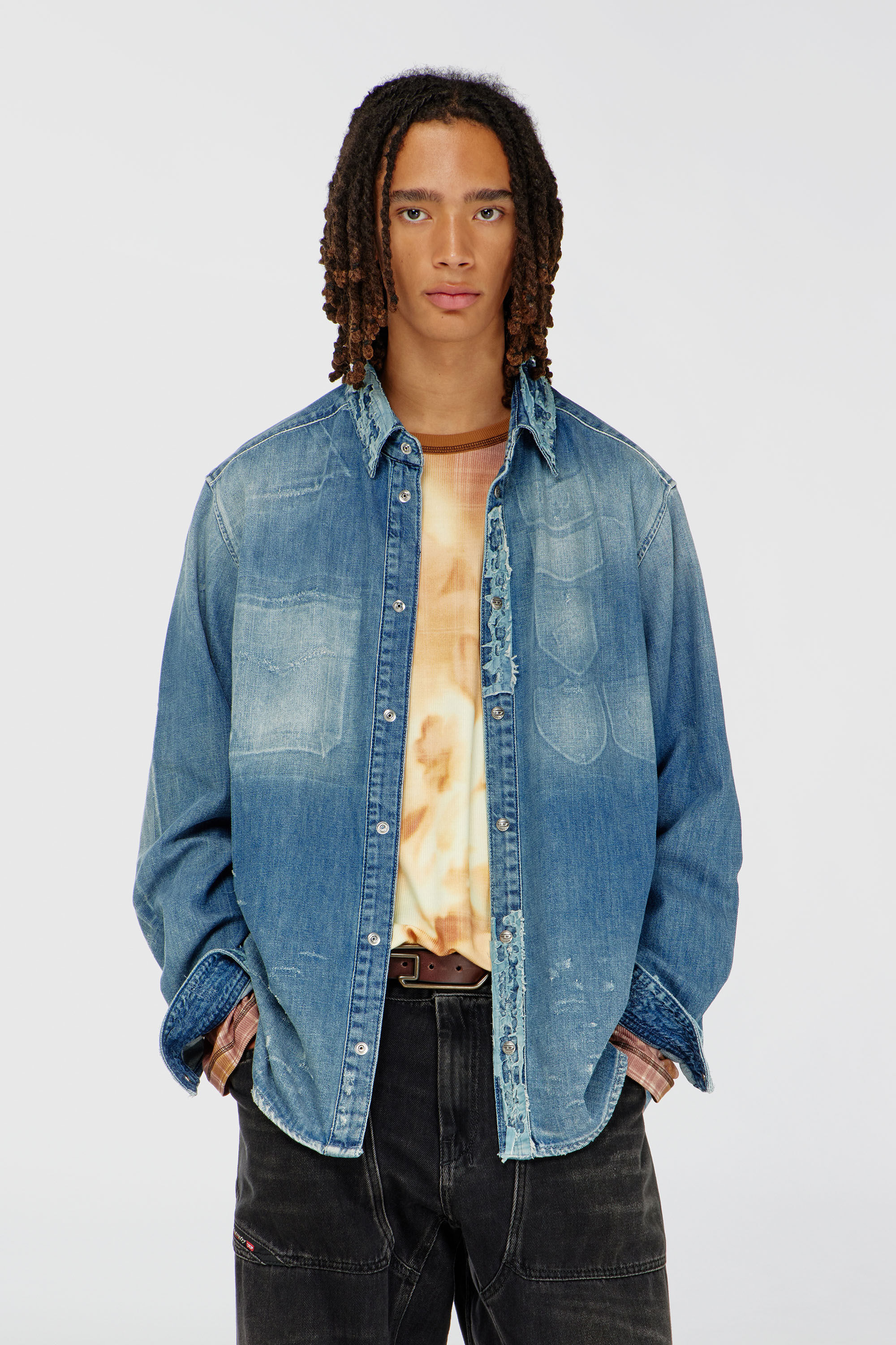 Diesel - D-SIMPLY, Man's Shirt in distressed patch-effect denim in Light Blue - 3