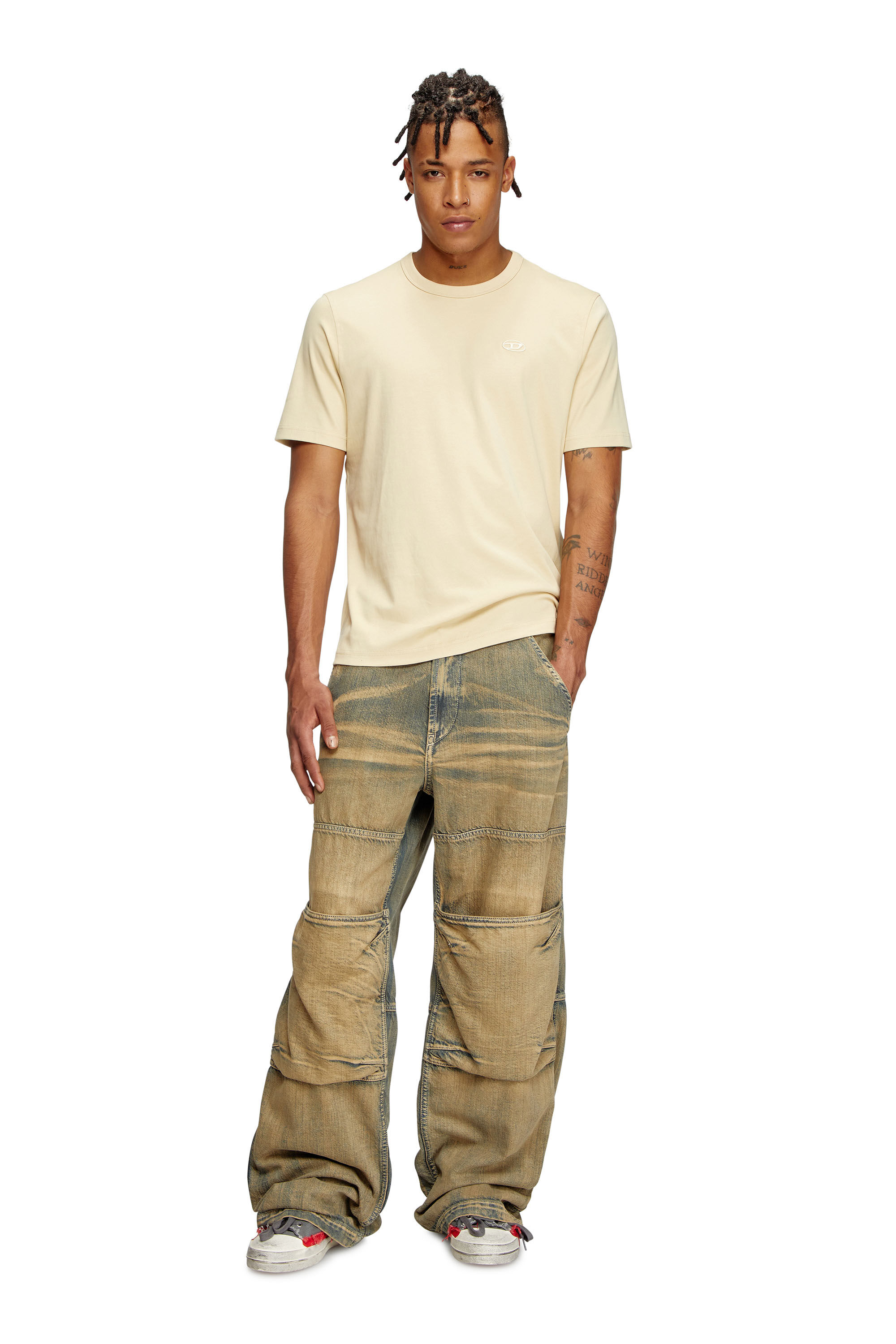 Diesel - T-ADJUST-SLITS-R17, Man's T-shirt with tonal logo embroidery in Beige - 1
