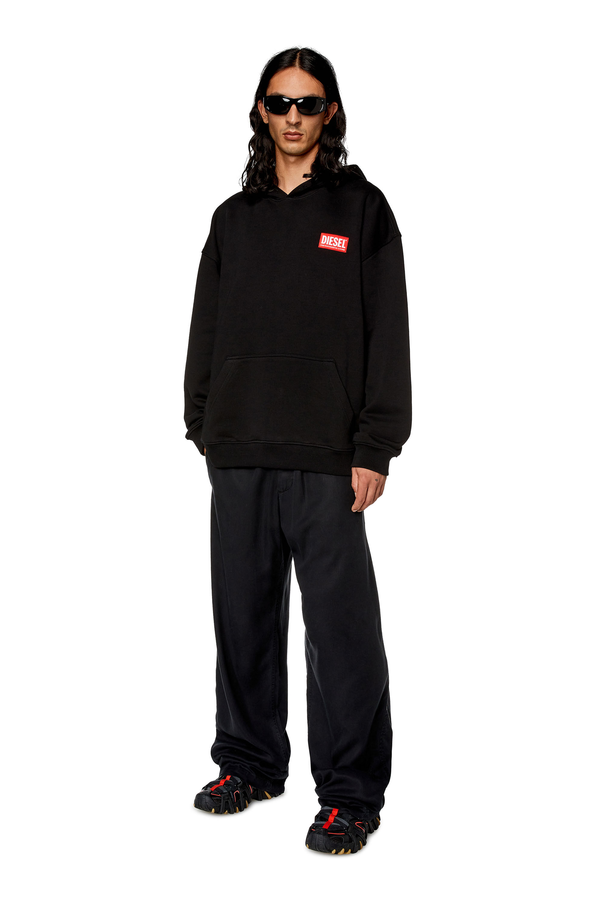 Diesel - S-NLABEL-HOOD-L1, Man Oversized hoodie with logo patch in Black - Image 1