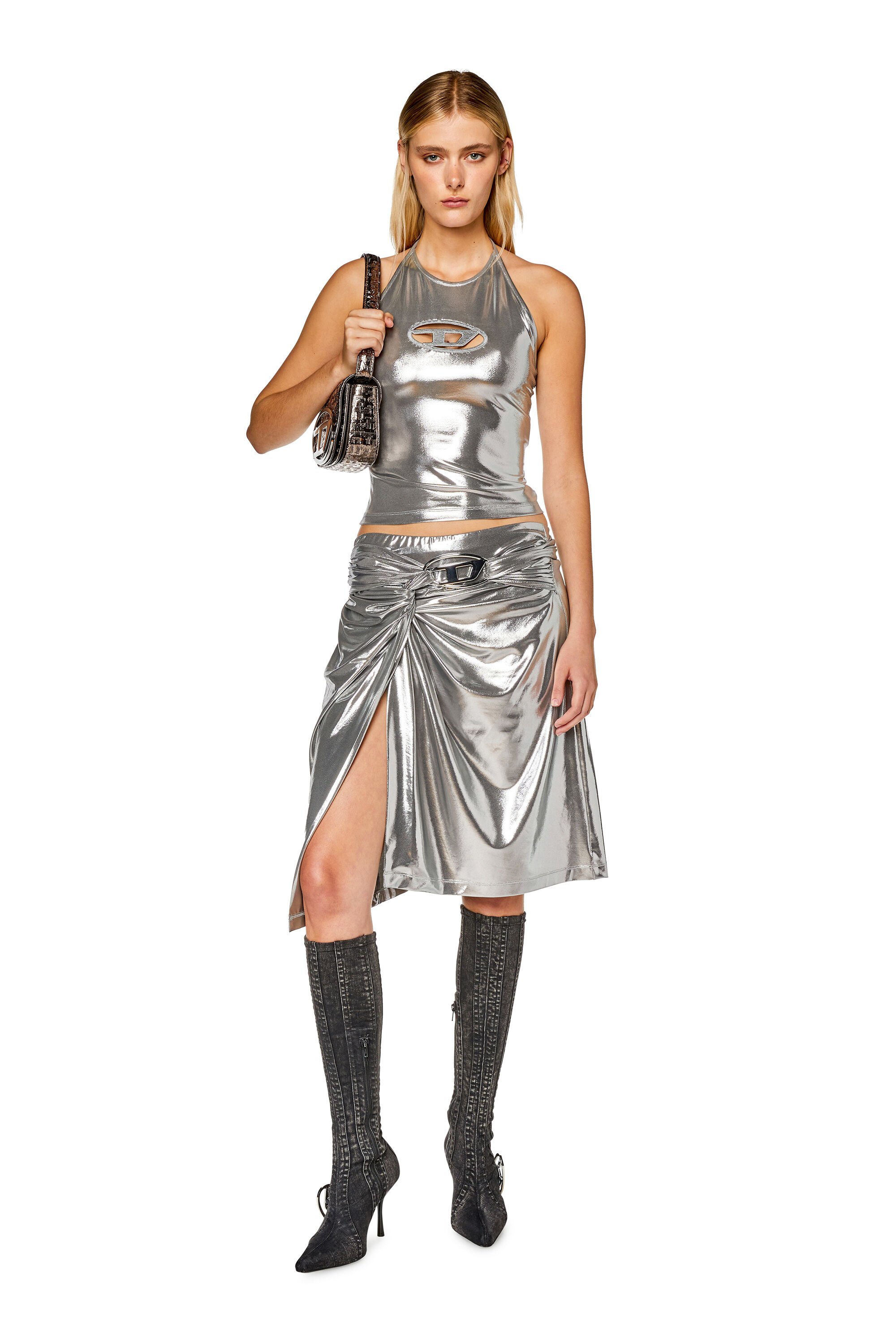 Diesel - T-SALILA-OD, Woman Halterneck top with foil coating in Silver - Image 1