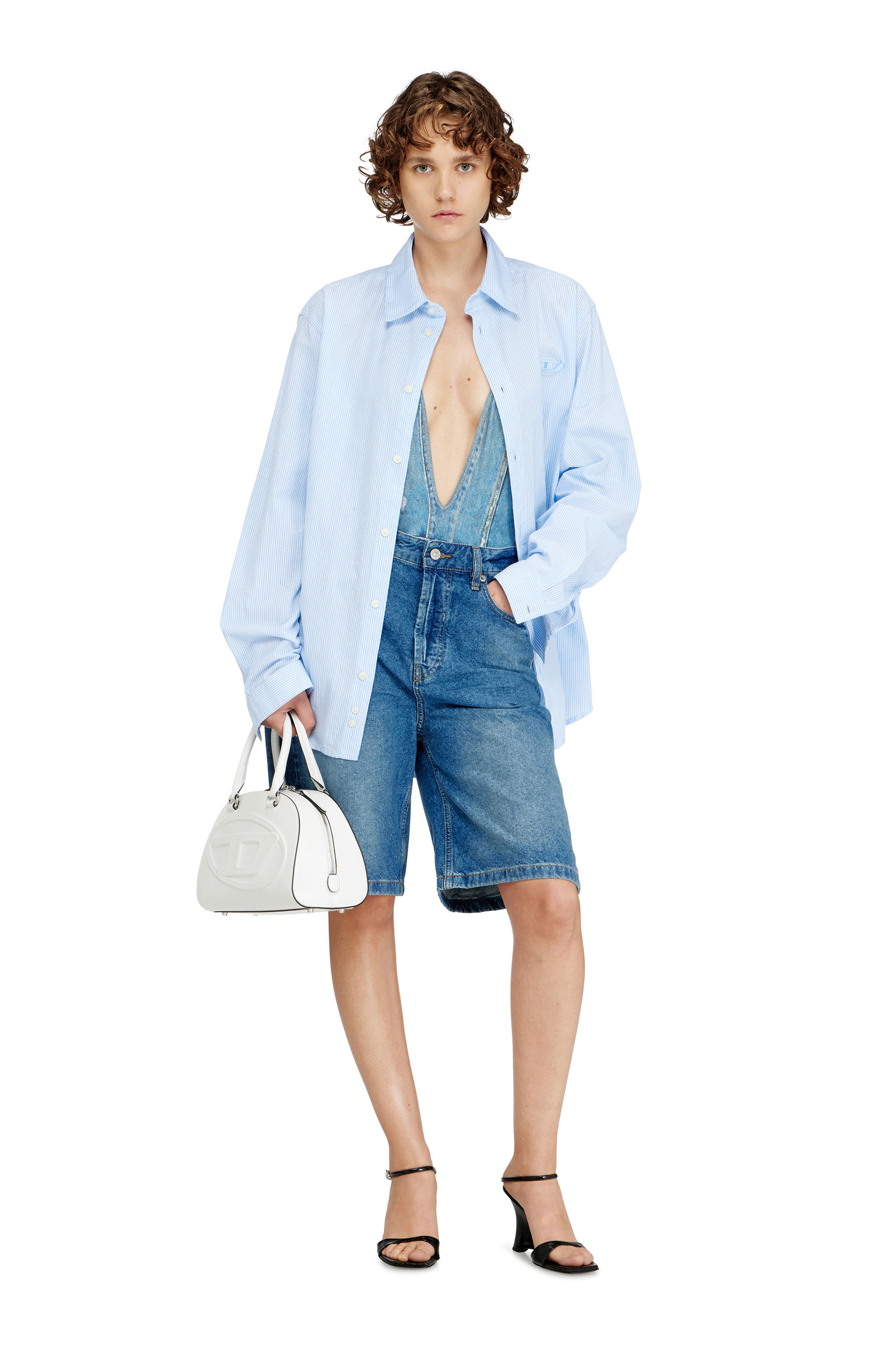 Diesel - KINSLEY-DNM, Woman's Plunging swimsuit with denim trompe l'oeil in Blue - 5