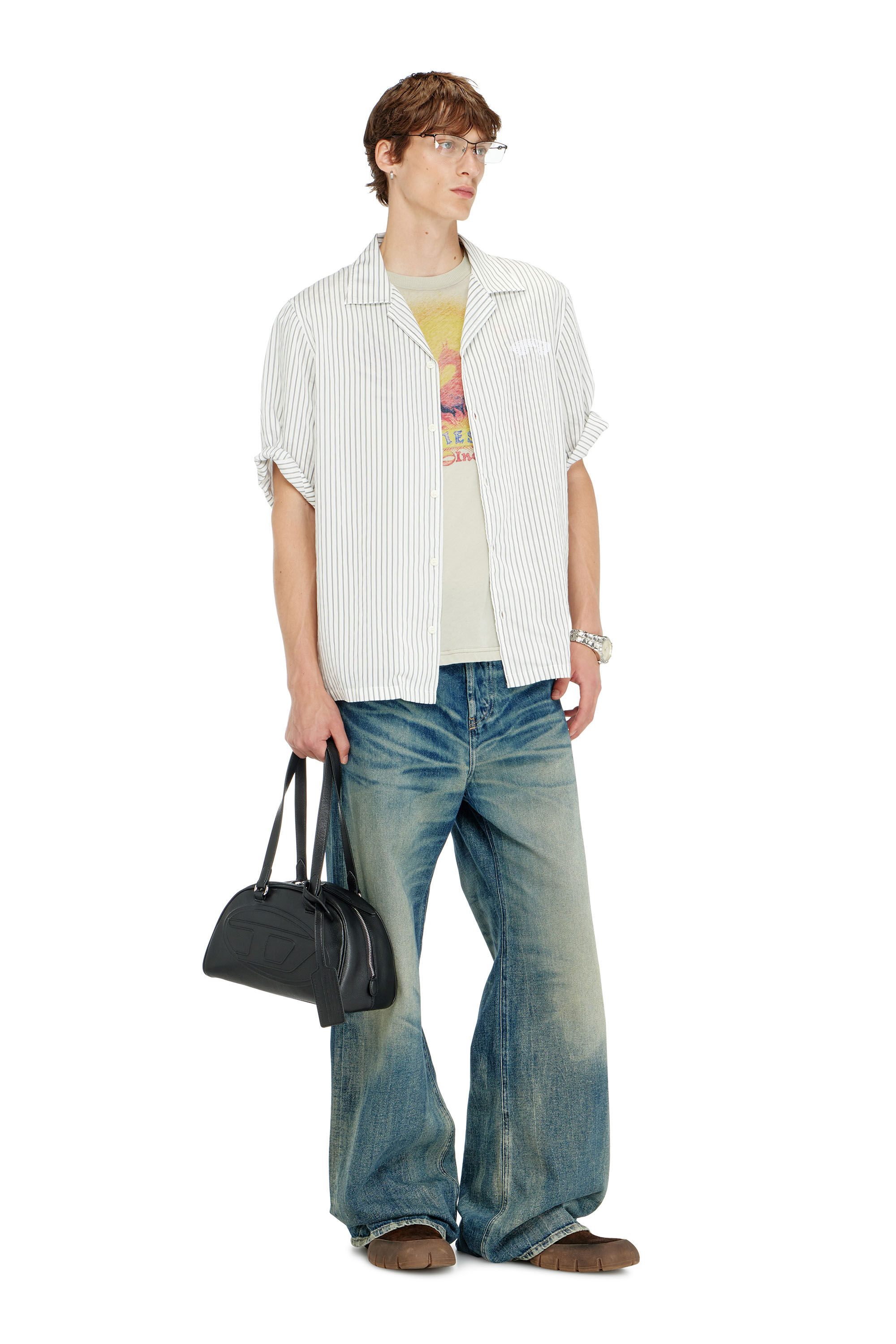 Diesel - S-MAC-EFBV, Man's Half-sleeve shirt in pinstripe modal in White/Grey - 1