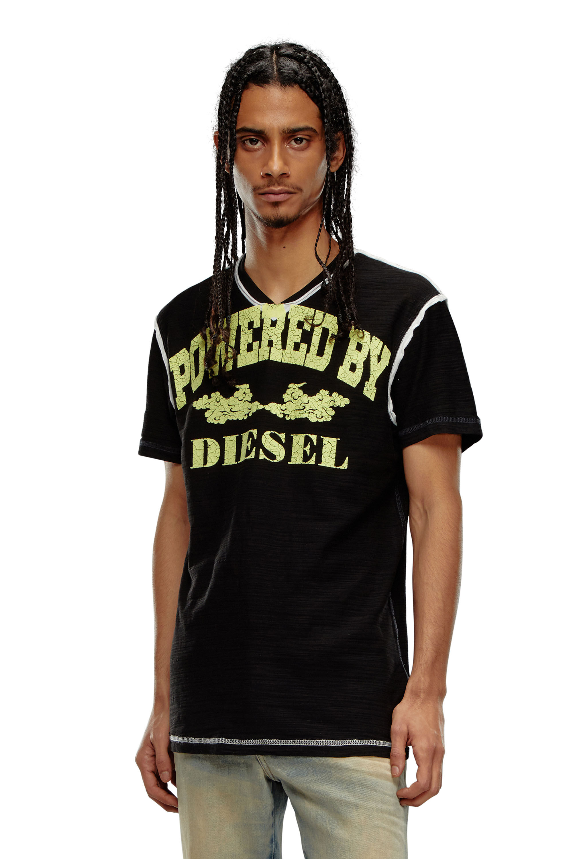 Diesel - T-DIEGOR-V-RAW, Man V-neck T-shirt in inside-out slub jersey in Black - Image 1