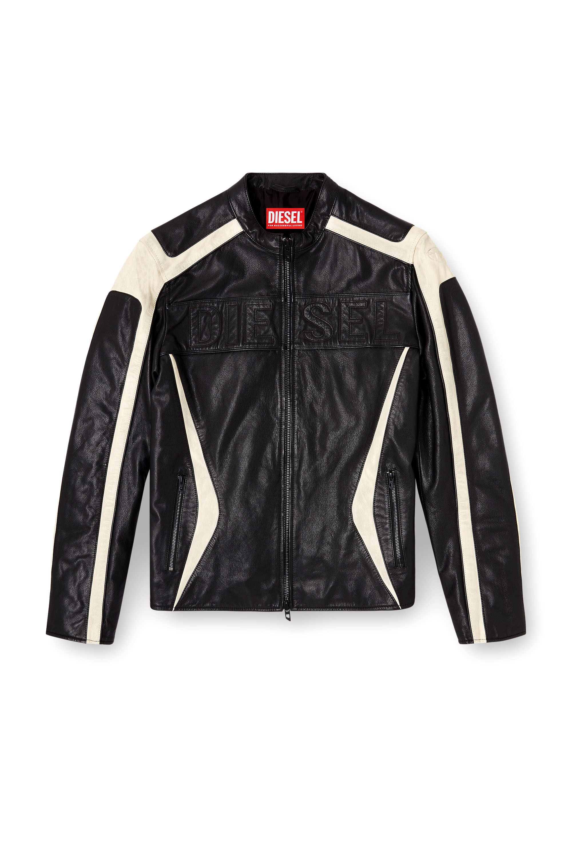Diesel - L-ADAM, Man's Colour-block leather biker jacket in Black/White - 2