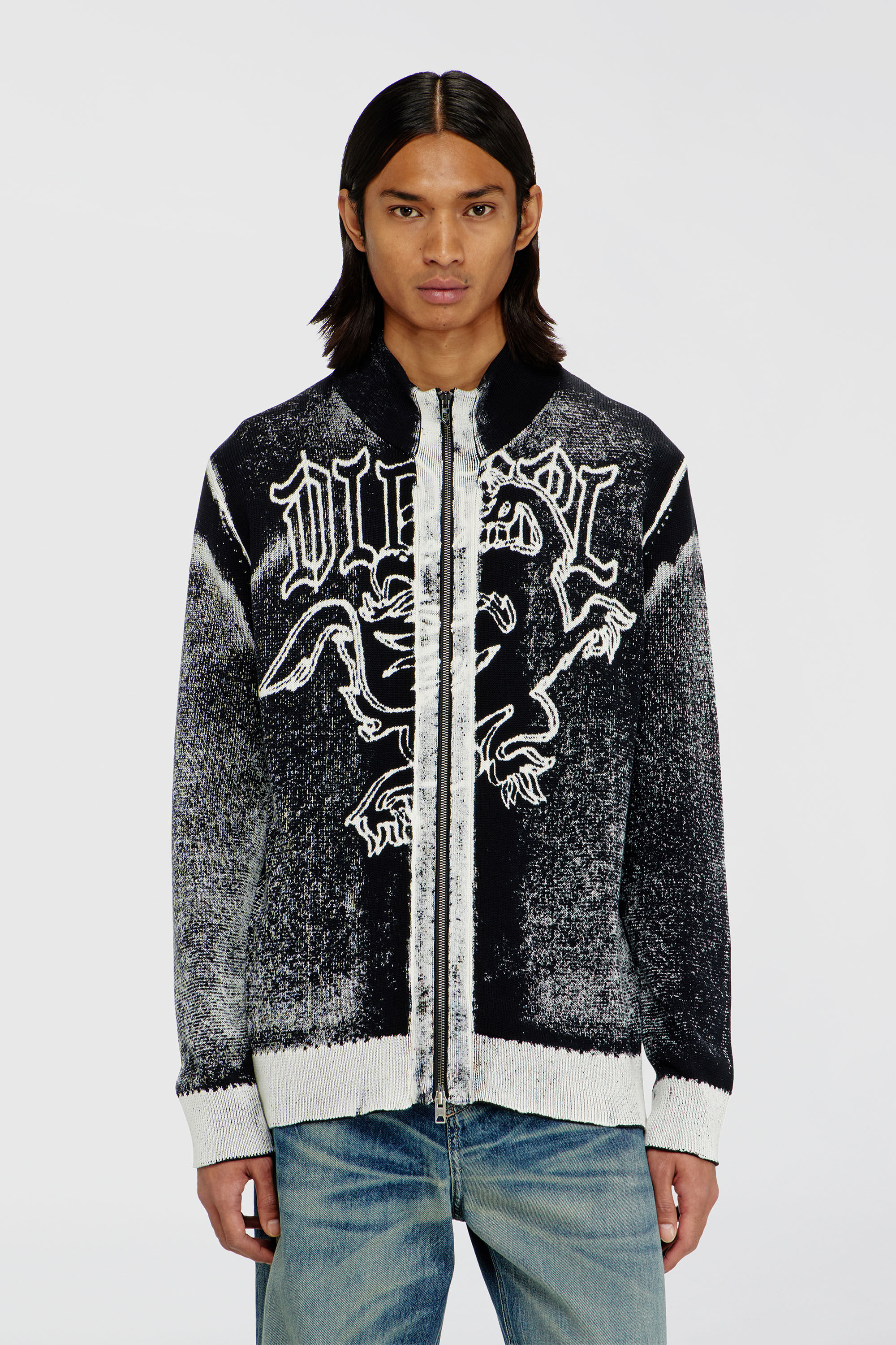 Diesel - K-LAUROS, Man's Treated zip cardigan with griffin motif in Black/White - 3