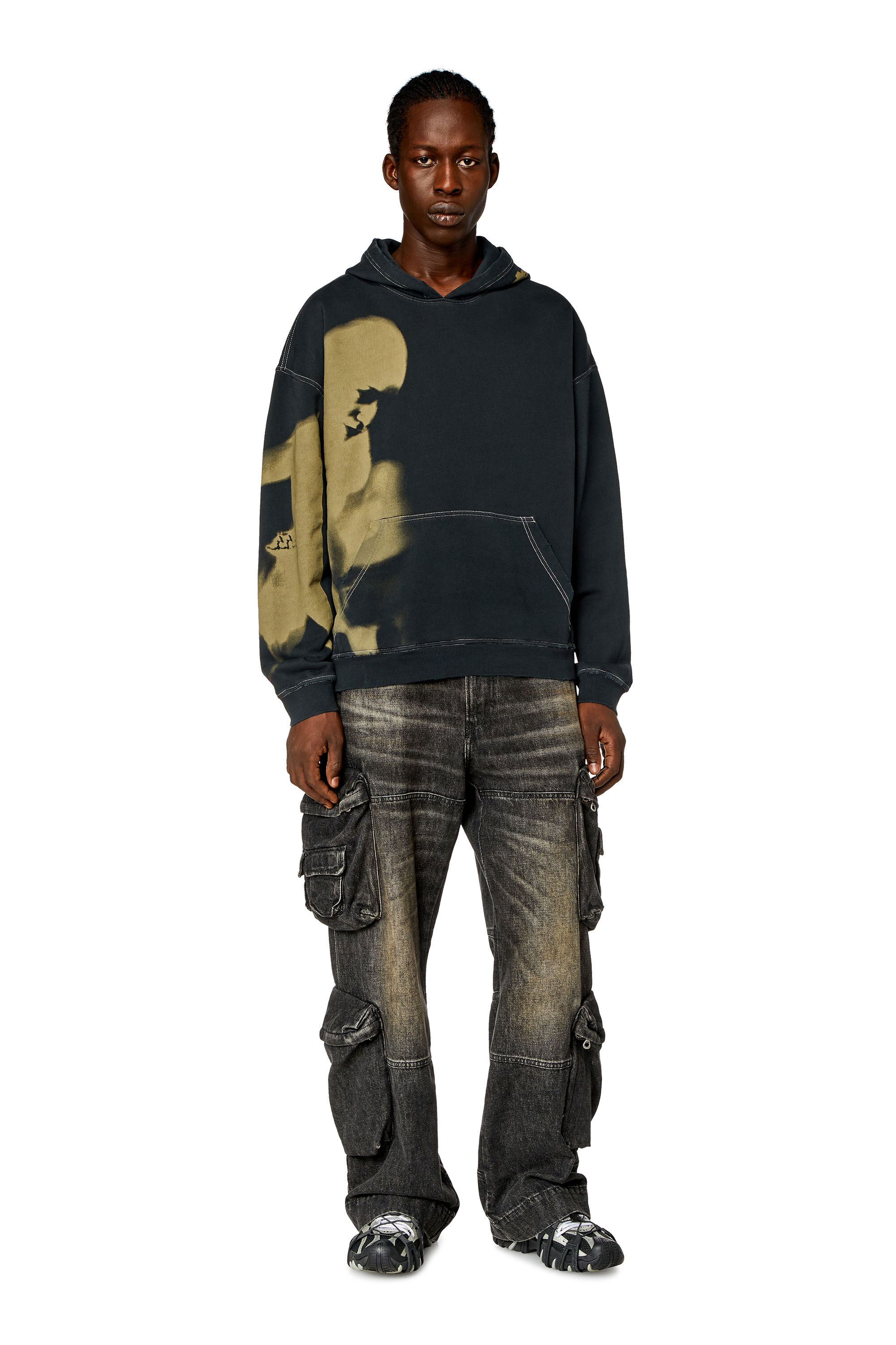 Diesel - S-BOXT-HOOD-N4, Man Distressed hoodie with smudgy print in Black - Image 1