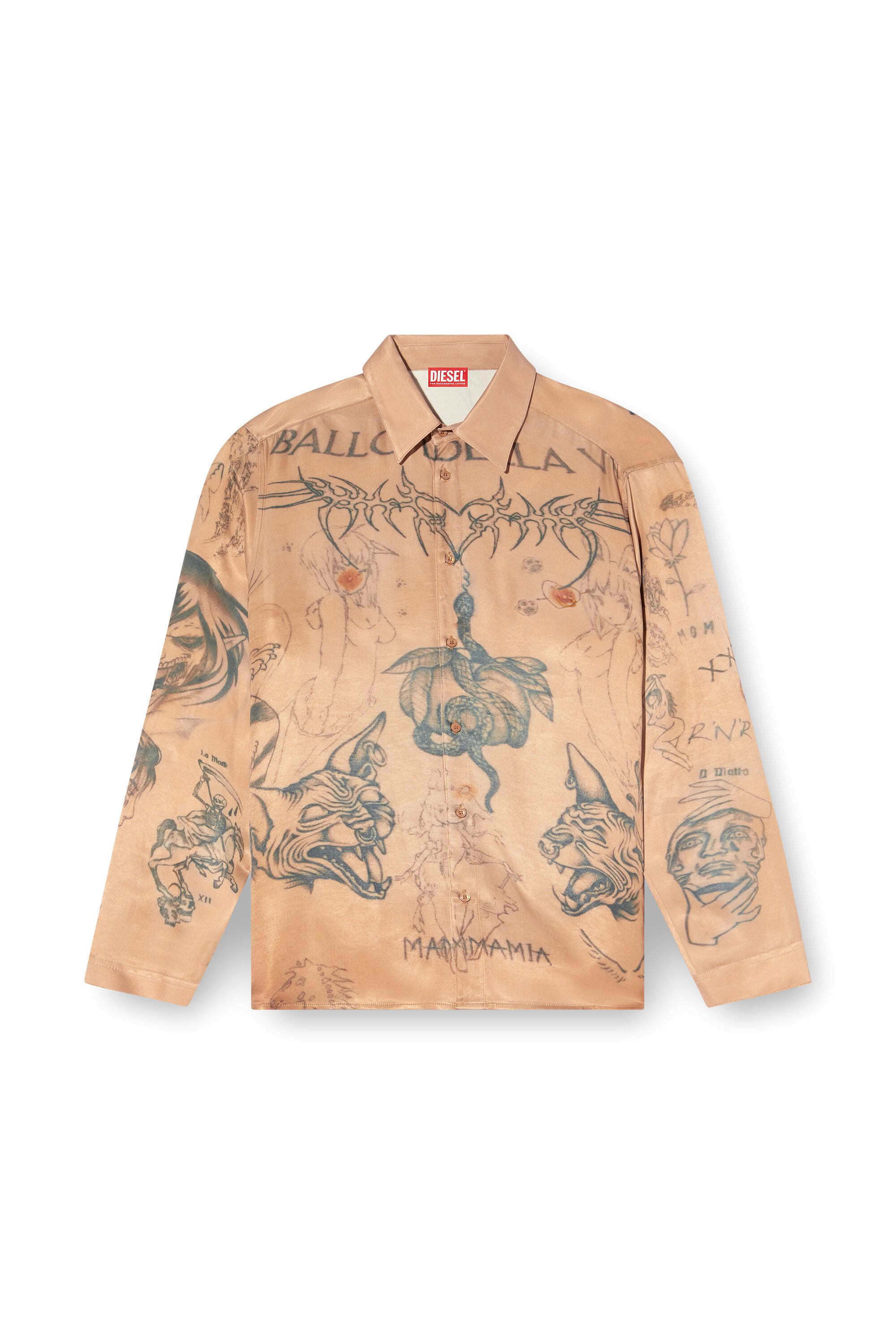 Diesel - S-SIMPLY-TTO-DD, Unisex's Fluid satin shirt with tattoo print in Beige - 2