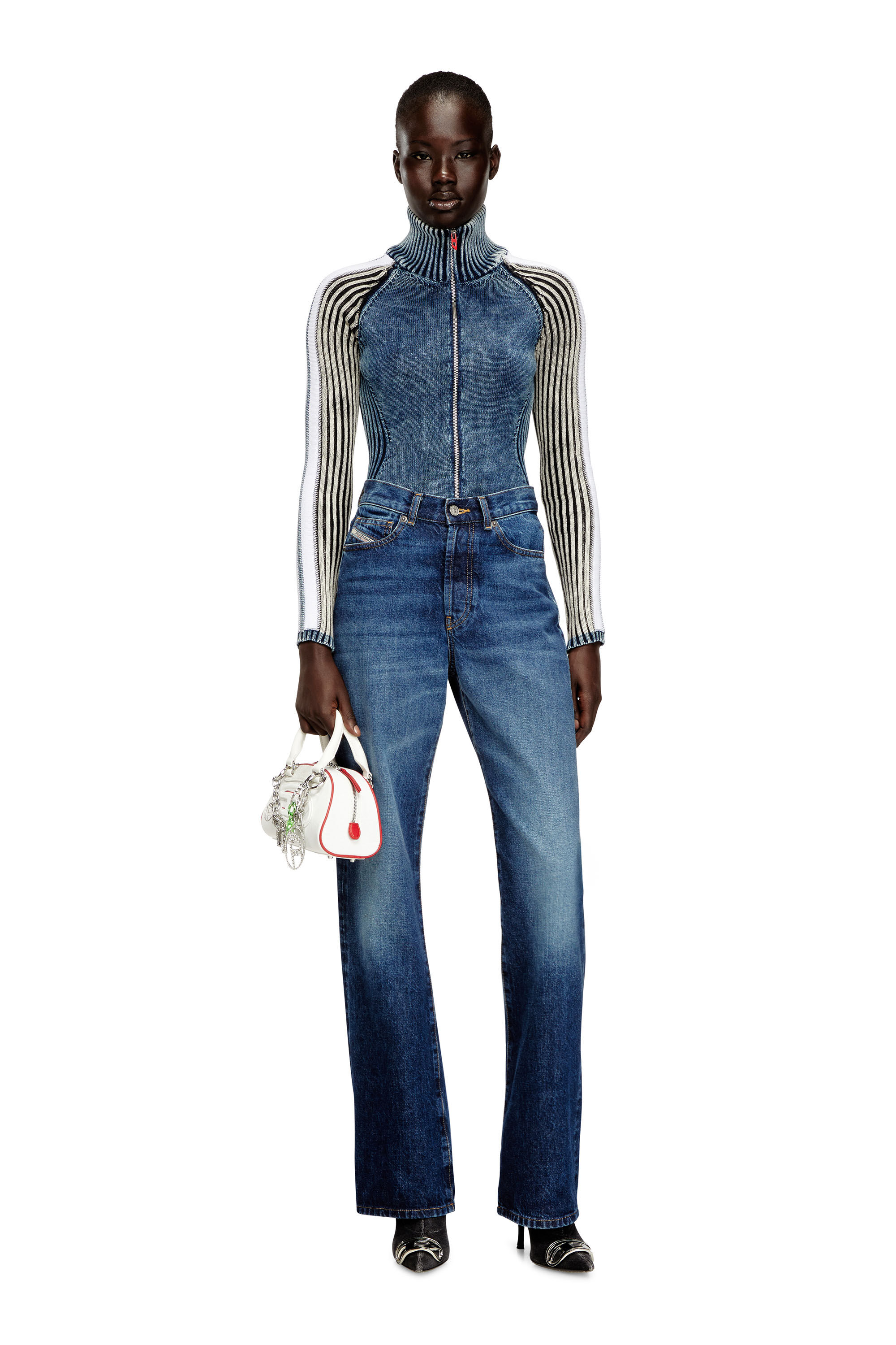 Diesel - M-ESTRELLA, Woman's Zip-up cardigan with sporty bands in Blue/White - 1