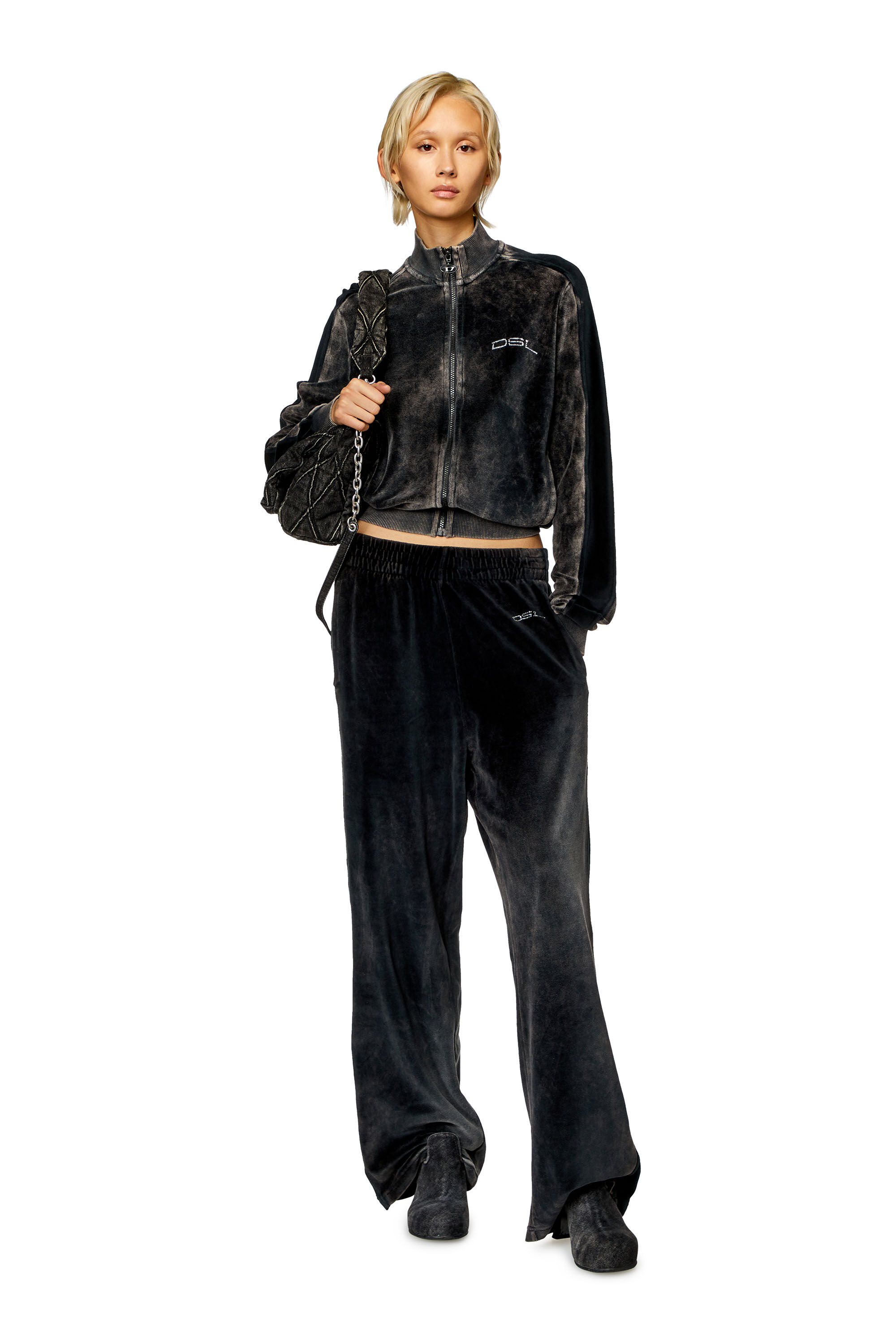 Diesel - F-KINIGLI, Woman Track jacket in treated chenille in Black - Image 1