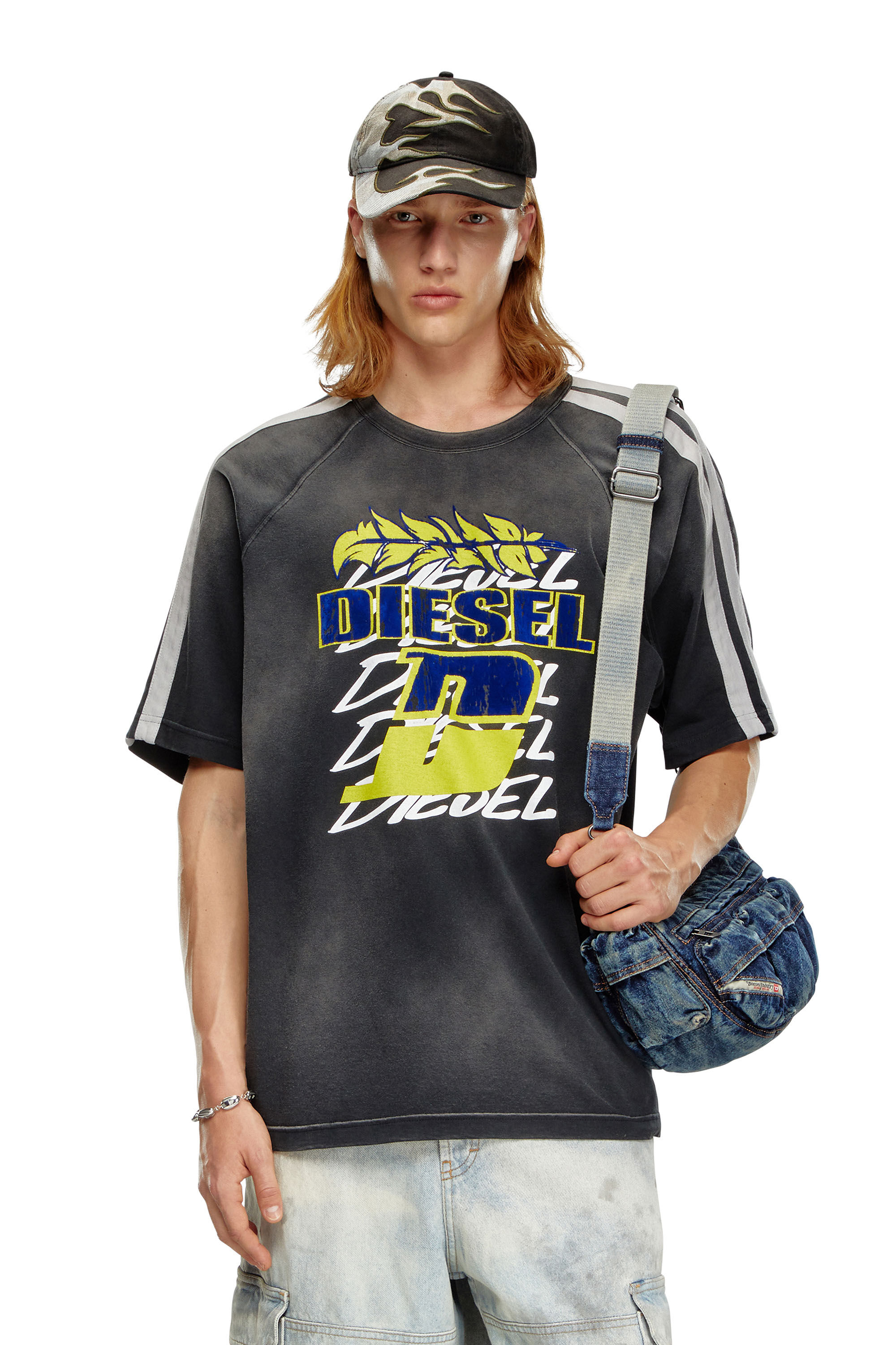 Diesel - T-ROXT-STRIPE, Man's Faded T-shirt with flocked logo print in Black - 3