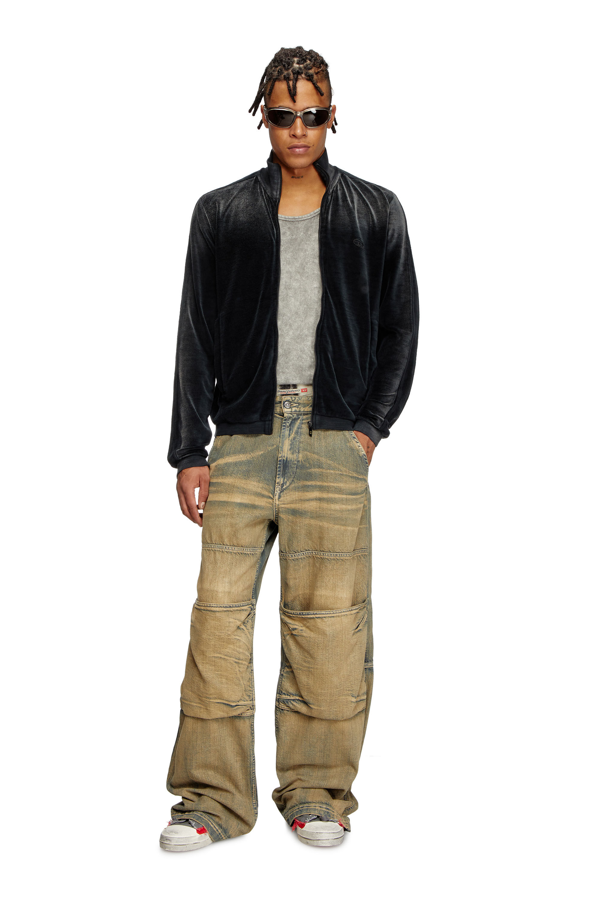Diesel - S-OLOCK-BAND, Man's Faded velvet track jacket in Black - 1