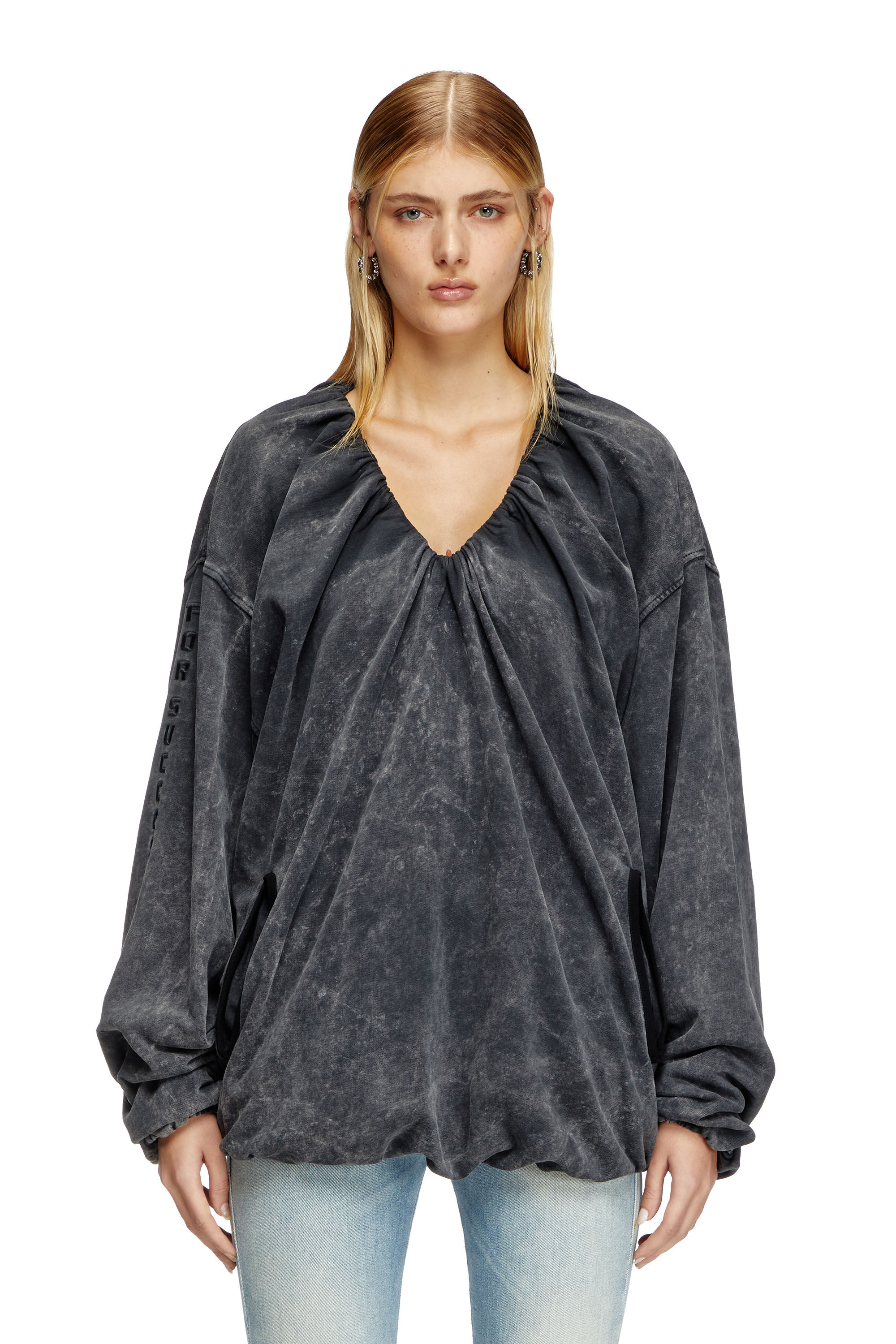 Diesel - F-INDY, Woman's Gathered sweatshirt with bleached effect in Black - 3