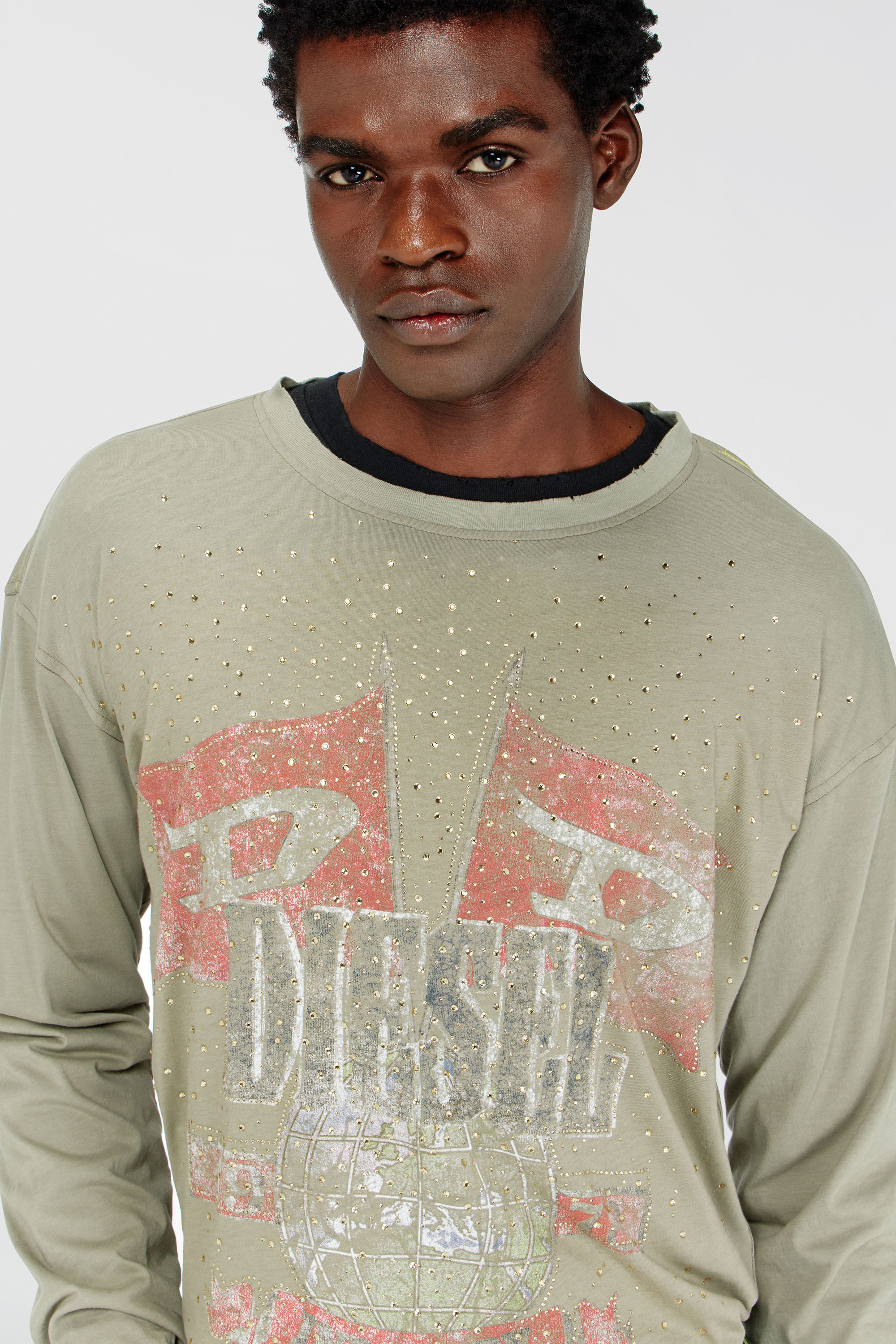Diesel - T-GERI-LS-A, Man's Long-sleeve T-shirt with concert graphics and crystals in Olive Green - 5