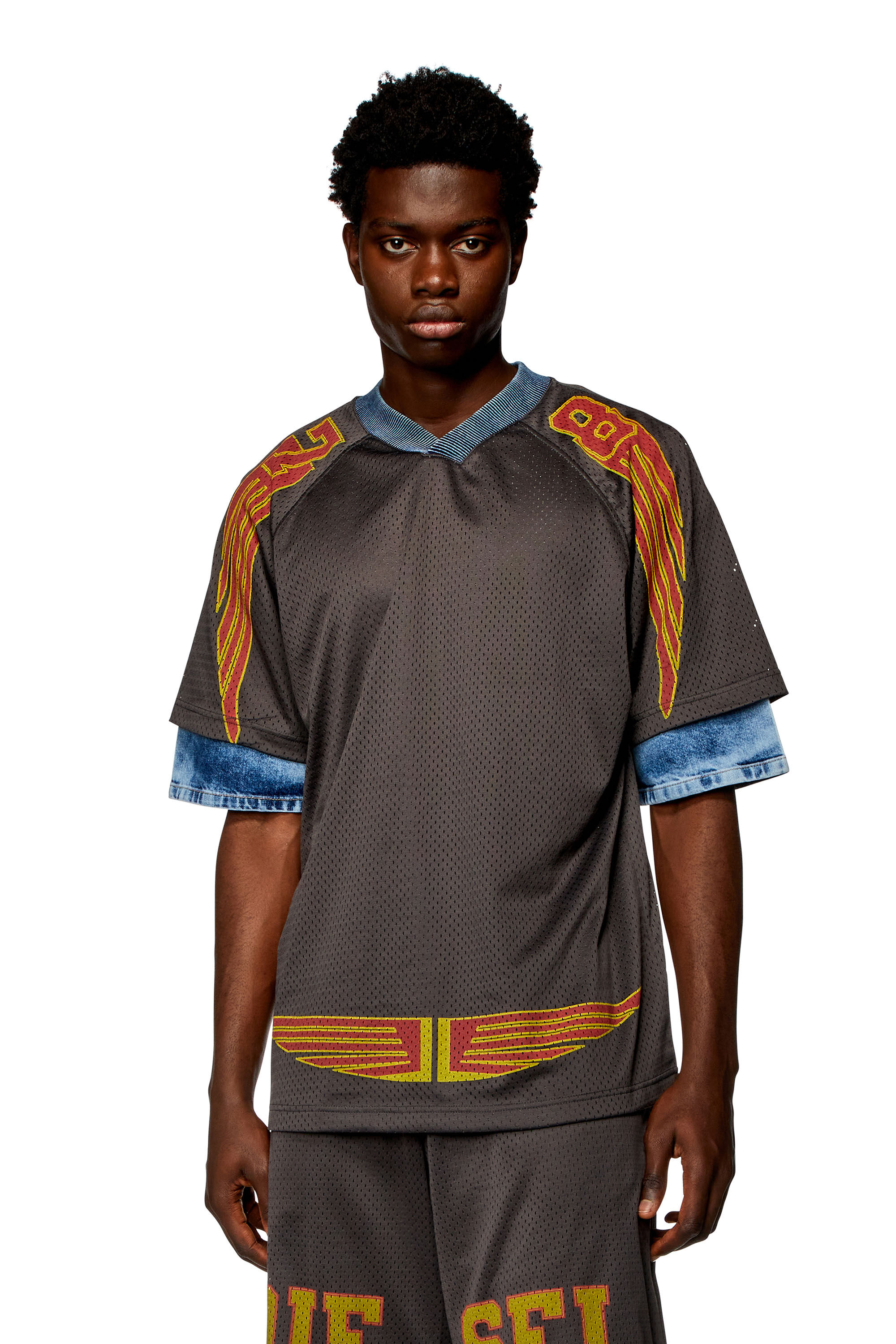 Diesel - T-VOXT, Man Layered polo shirt in mesh and jersey in Grey - Image 3