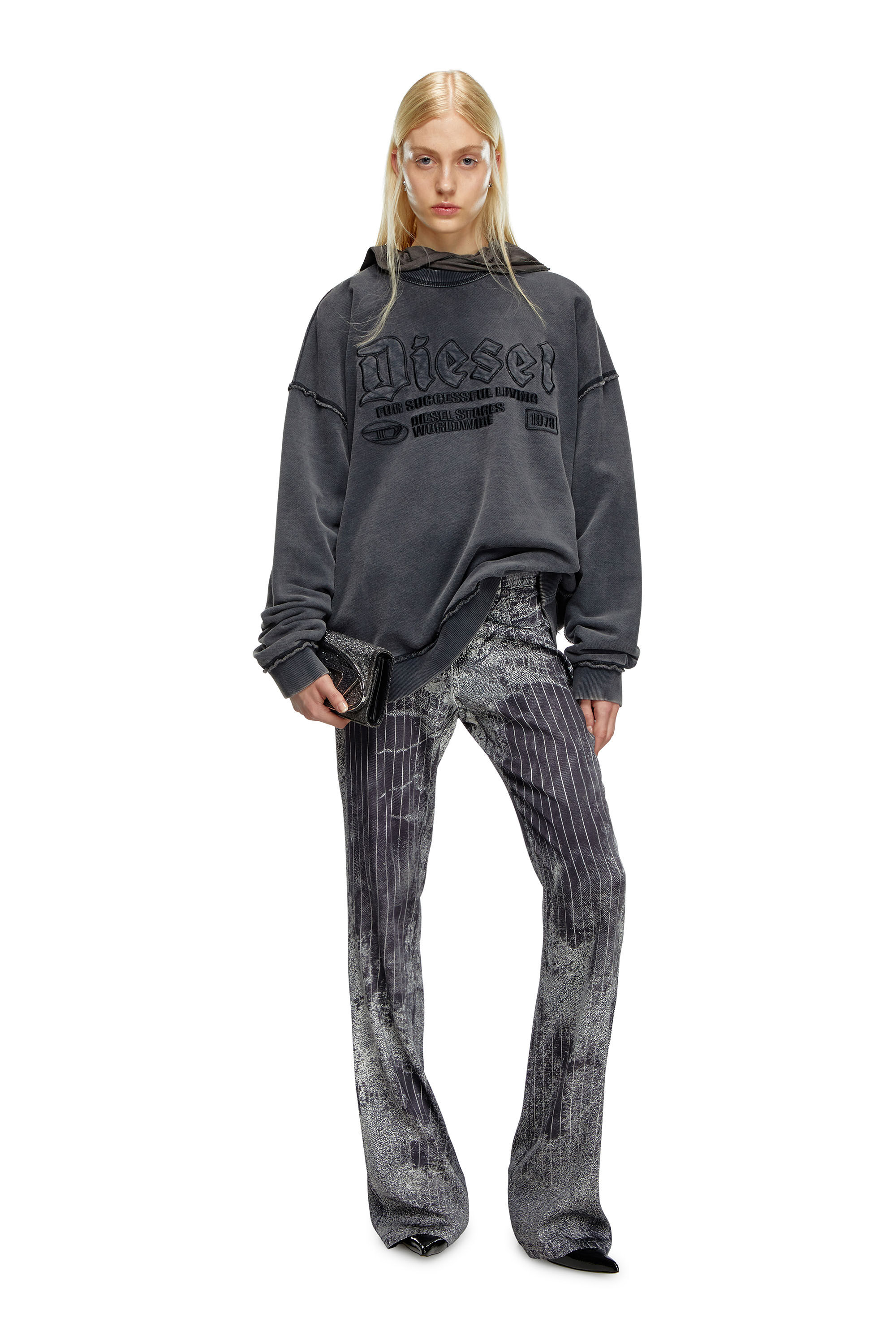 Diesel - P-RETTY, Woman Bootcut satin pants with pinstripe print in Black - Image 1