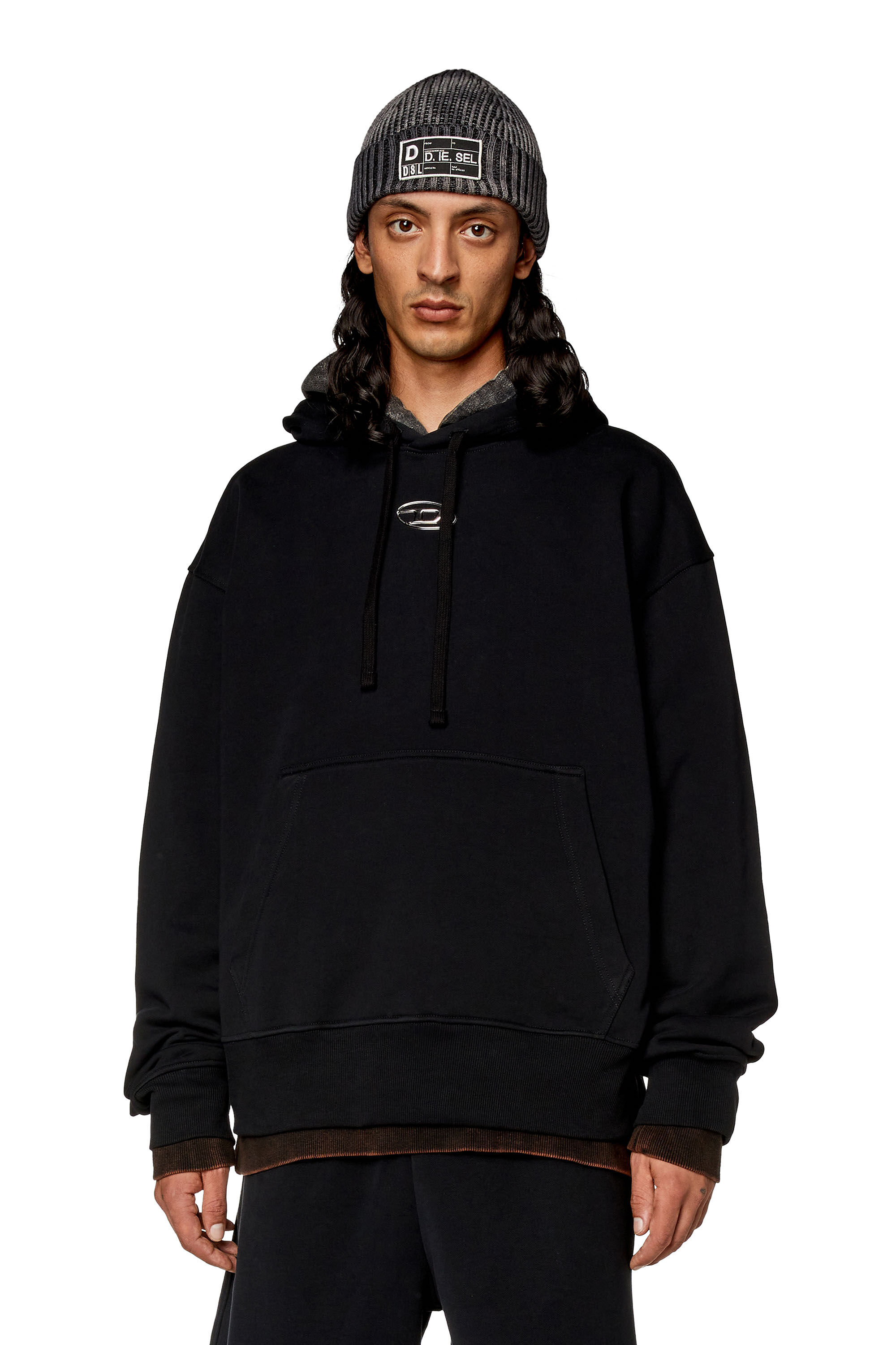 ★DIESEL★ S Max OD Hood Black A098560BMBJ9XX A098560BMBJ9XX S-MACS-HOOD-OD Men: Oversized black hoodie metallic logo