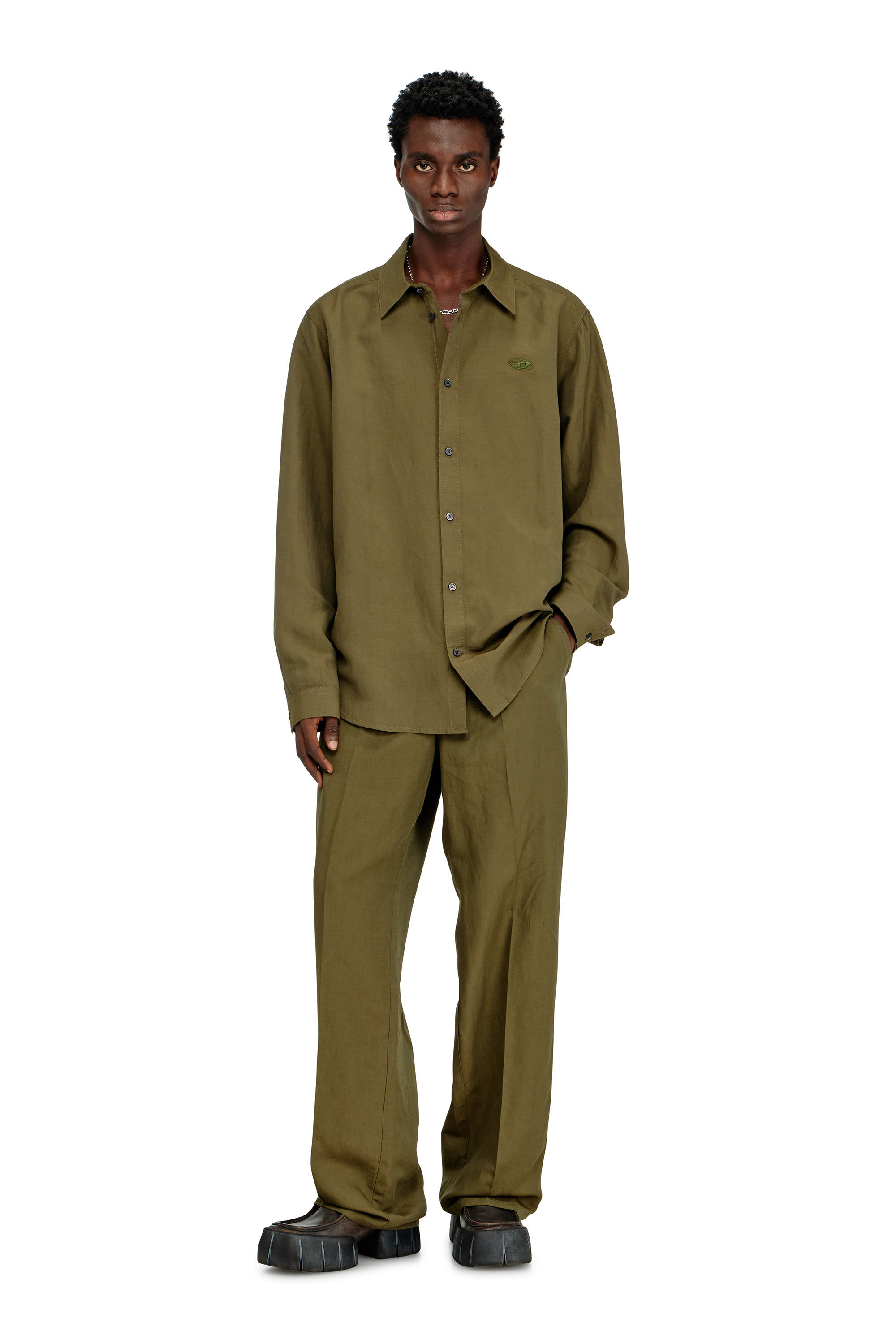 Diesel - S-SIMPLY-PGBS, Man's Linen-blend shirt with logo embroidery in Military Green - 1