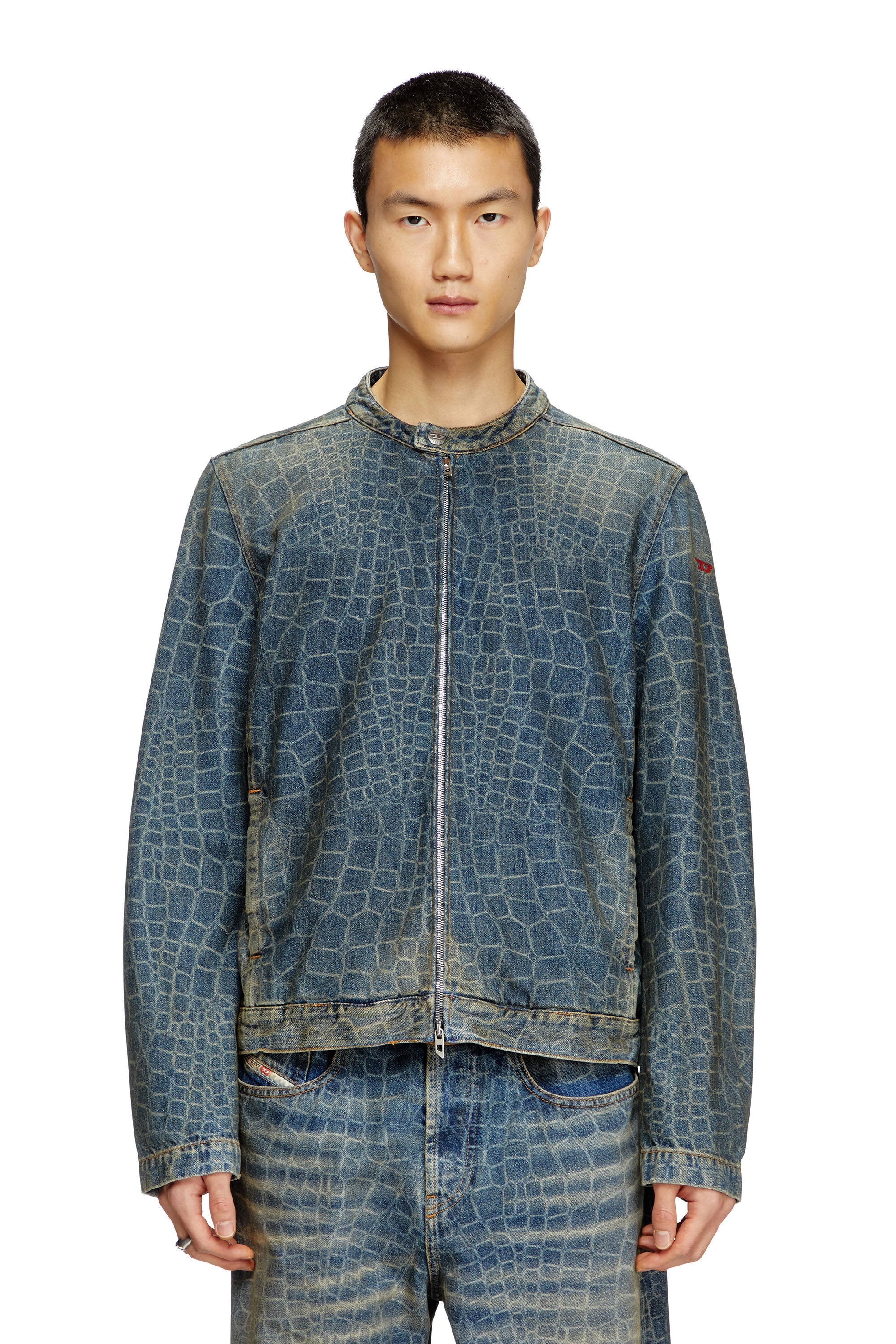 Diesel - CL-D-GLORY-SNAKE, Man's Moto jacket in snake-print denim in Dark Blue - 3