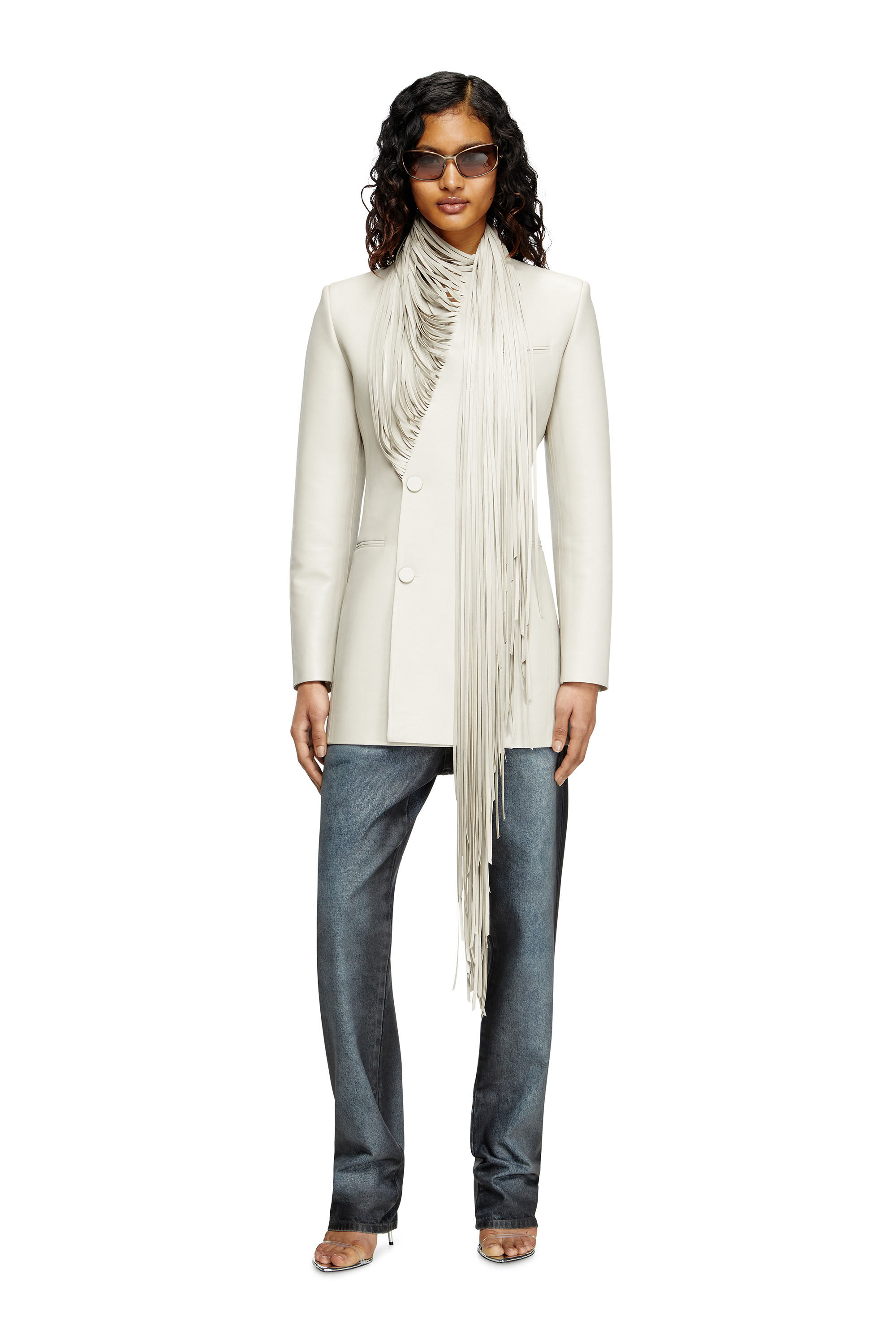 Diesel - G-SHANK, Woman's Short coat with shredded scarf fringing in Light Grey - 1