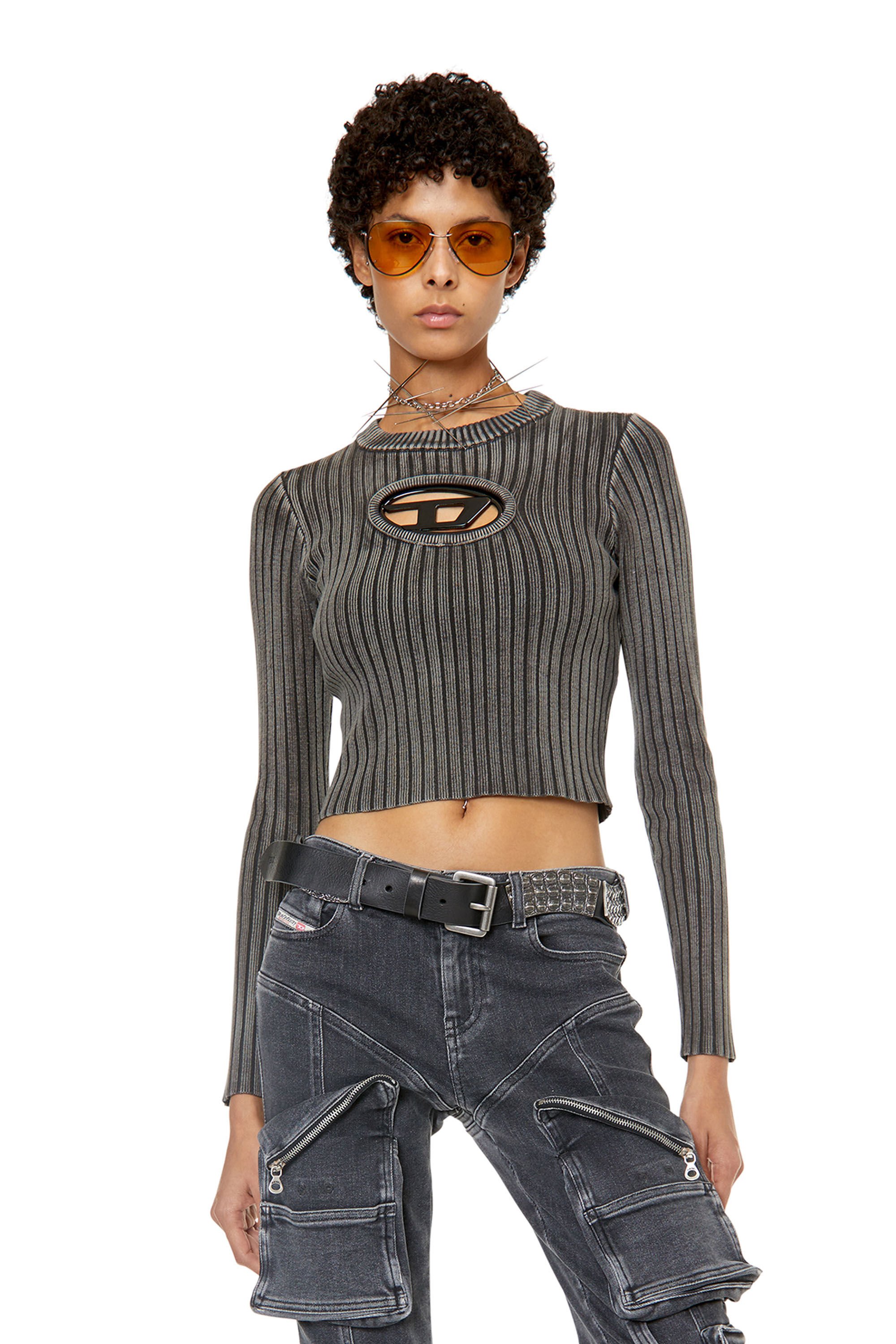 Diesel - M-ARJORY, Woman Ribbed top with oval D plaque in Grey - Image 3