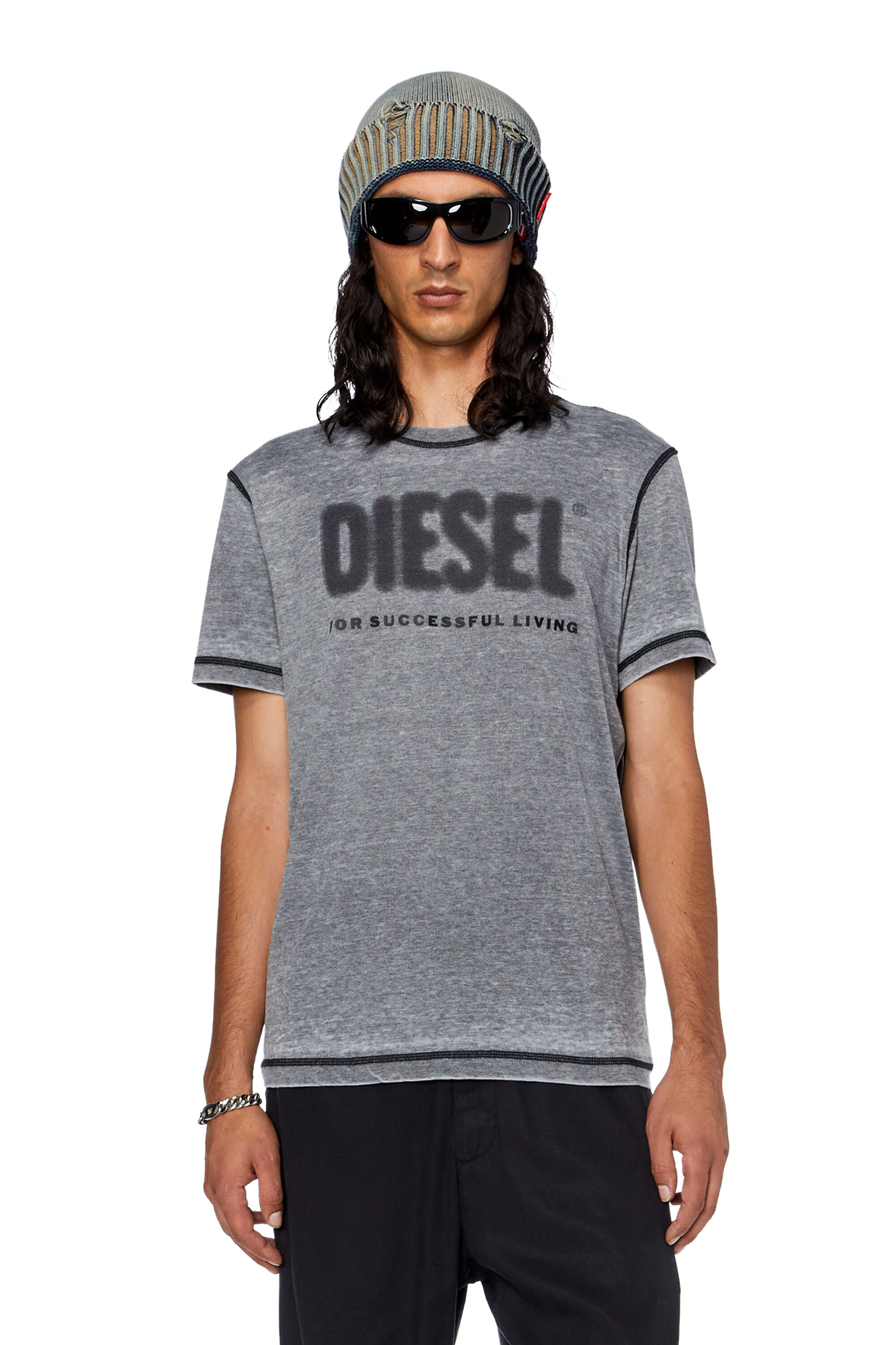 Diesel - T-DIEGOR-L1, Man T-shirt with burn-out logo in Grey - Image 3