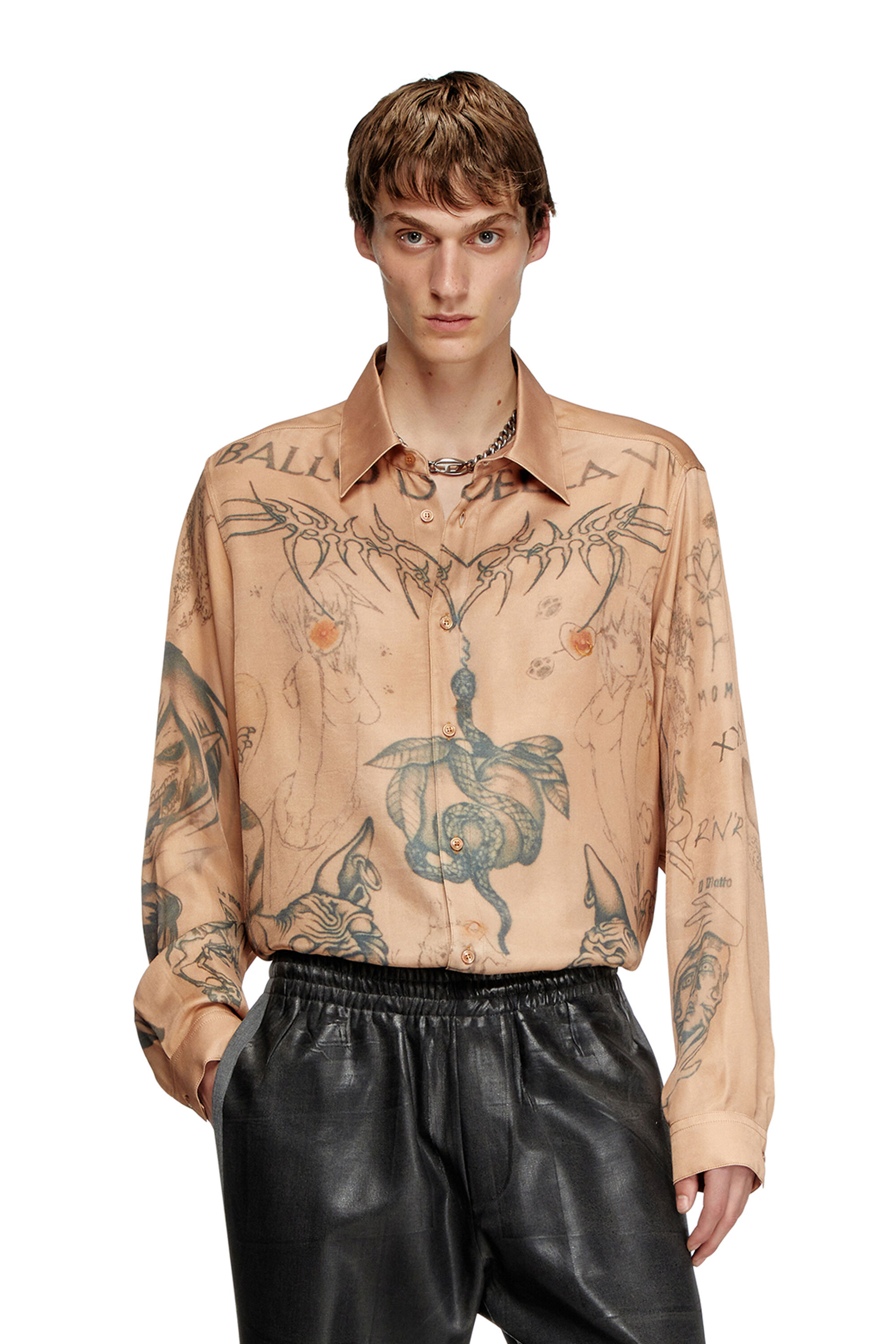 Diesel - S-SIMPLY-TTO-DD, Unisex's Fluid satin shirt with tattoo print in Beige - 3