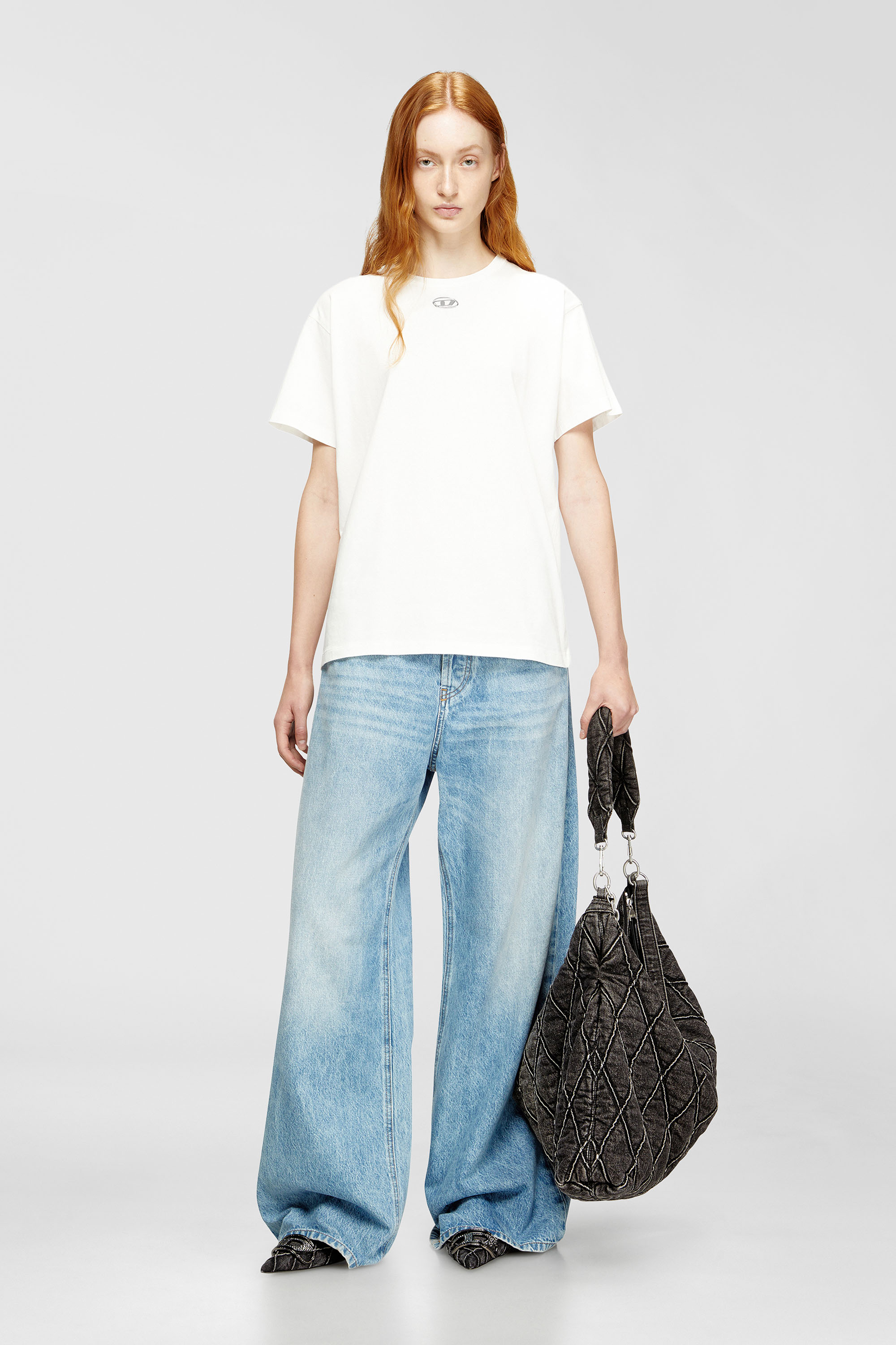 Diesel - T-NORMY-OD-S1, Woman's Cotton T-shirt with metallic Oval D in White - 2