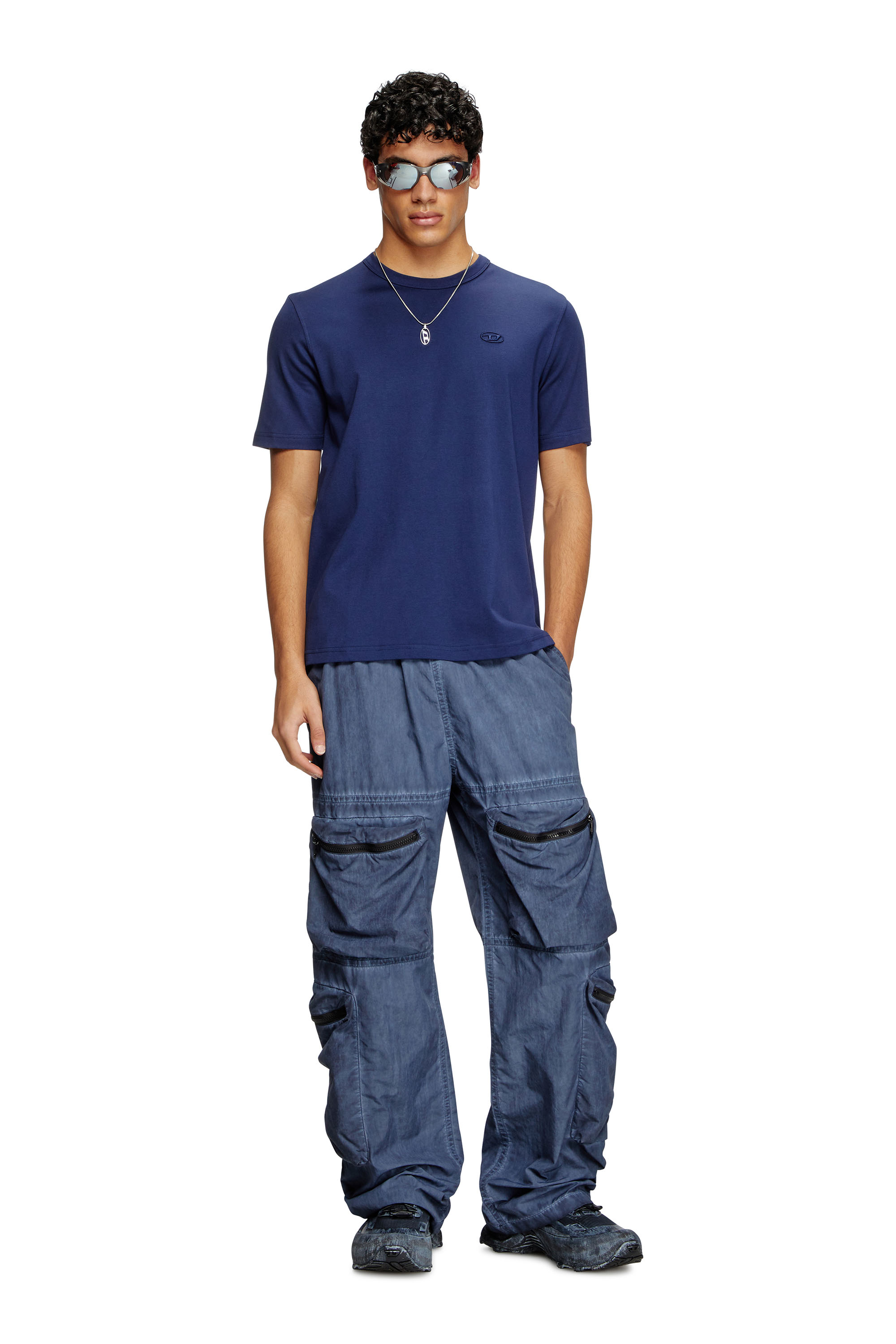 Diesel - T-ADJUST-SLITS-R17, Man's T-shirt with tonal logo embroidery in Night Blue - 1