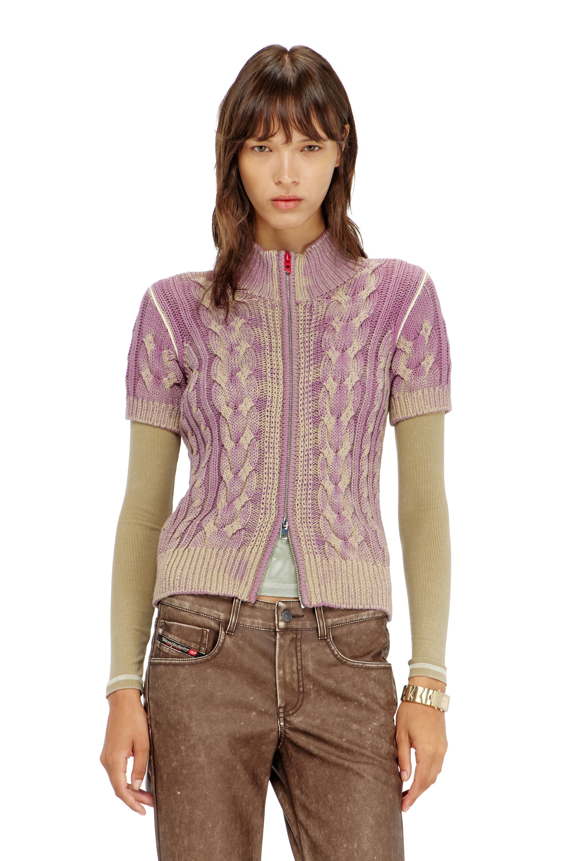Diesel - M-ELANA, Woman's Short-sleeve zip cardigan in cable knit in Beige/Violet - 1