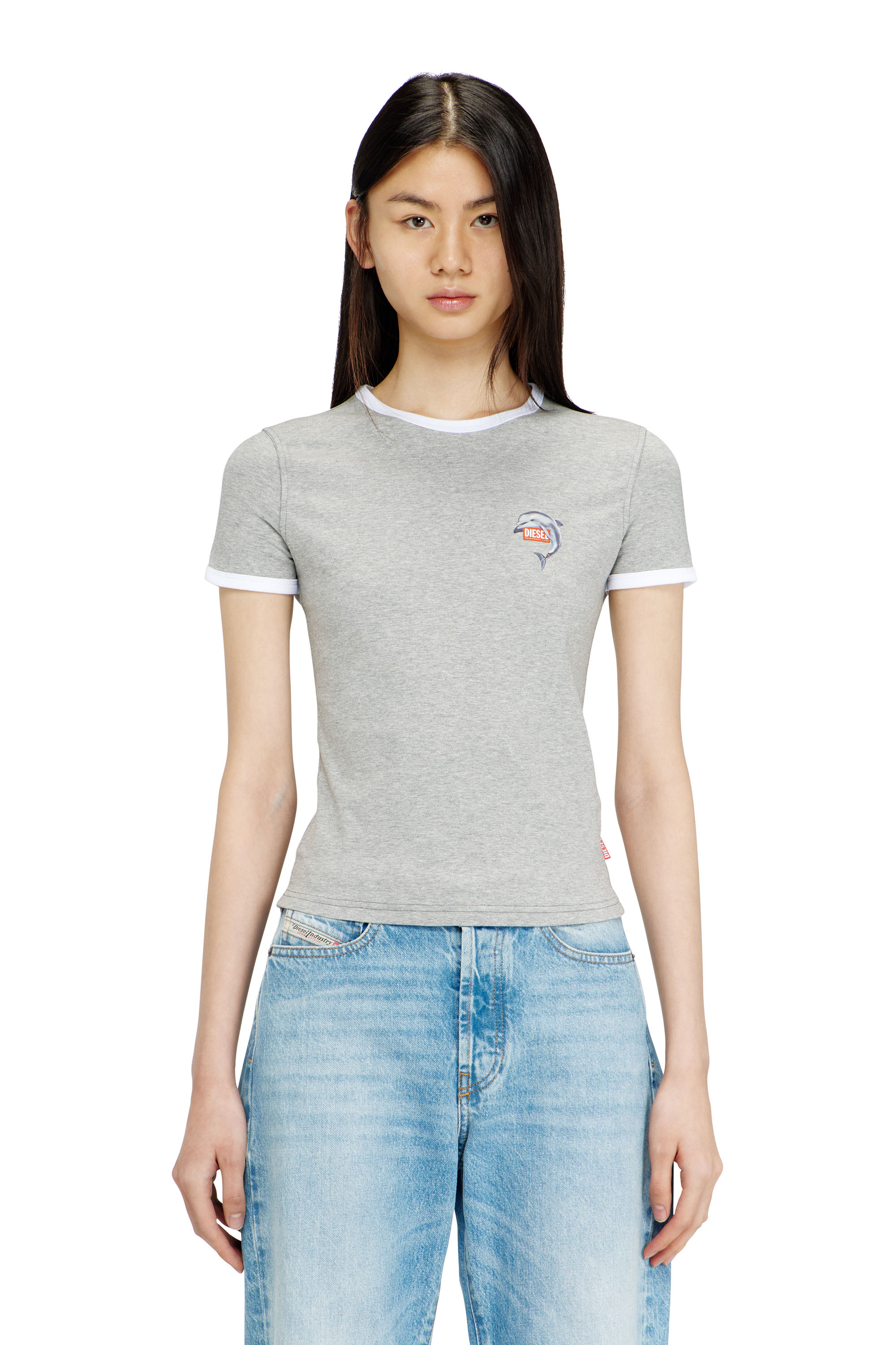 Diesel - T-UNCUTIES-LONG-S13, Woman's Slim ring T-shirt with dolphin print in Grey - 1
