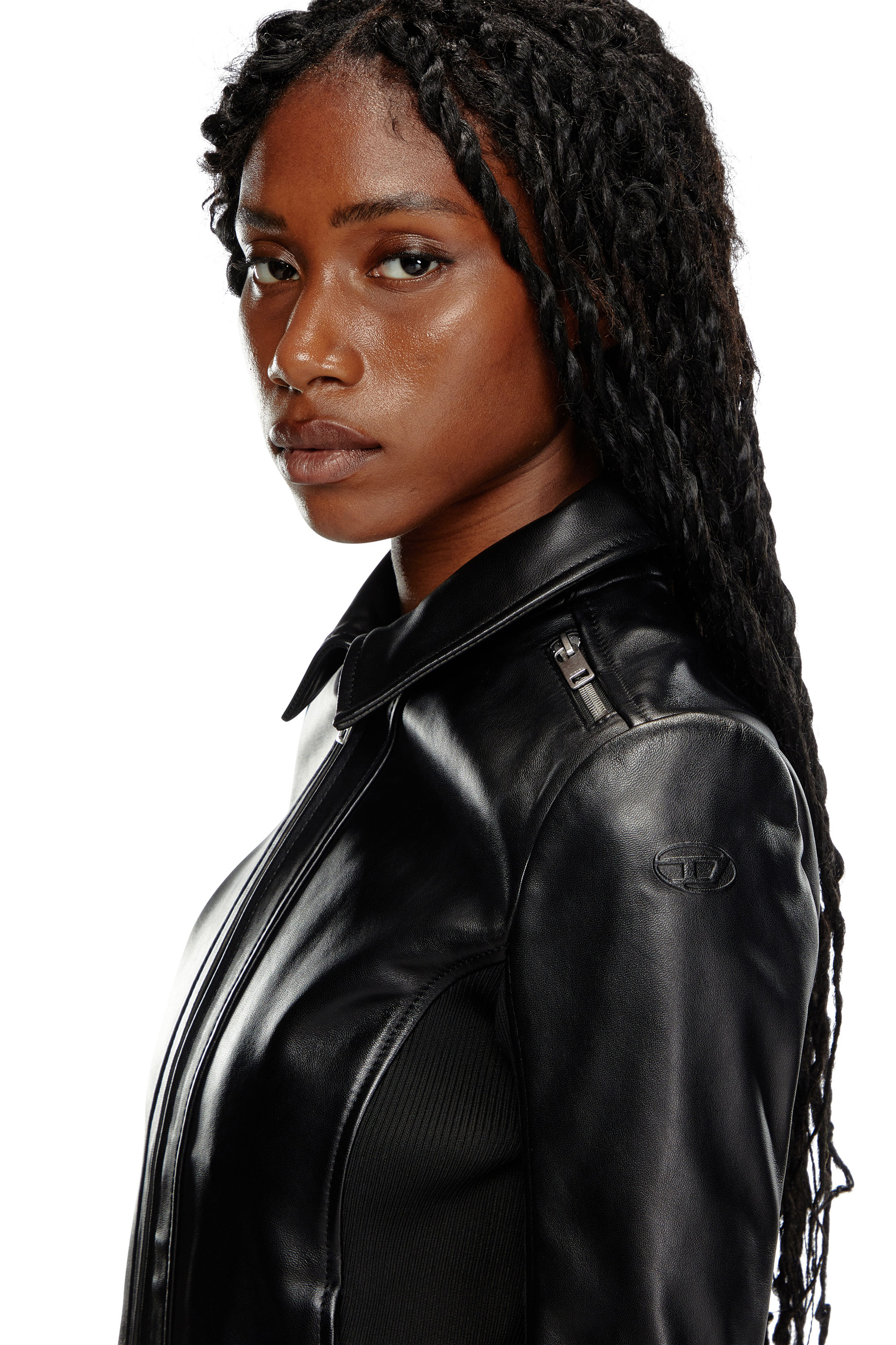 Diesel - L-SASK, Woman Leather biker jacket with rib panels in Black - Image 4