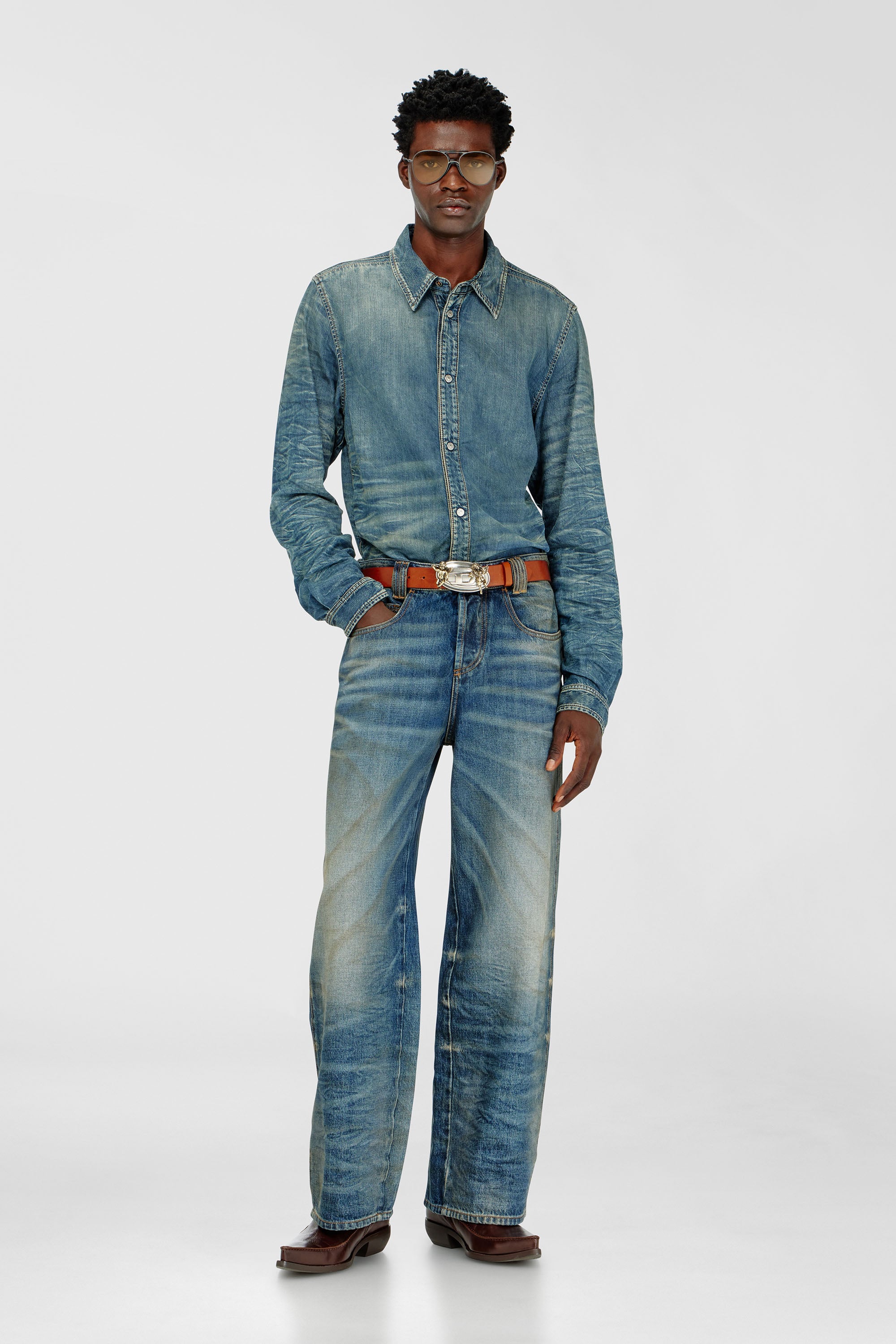 Diesel - D-SYNAR-FSJ4, Man's Shirt in dirty-effect creased denim in Medium blue - 2
