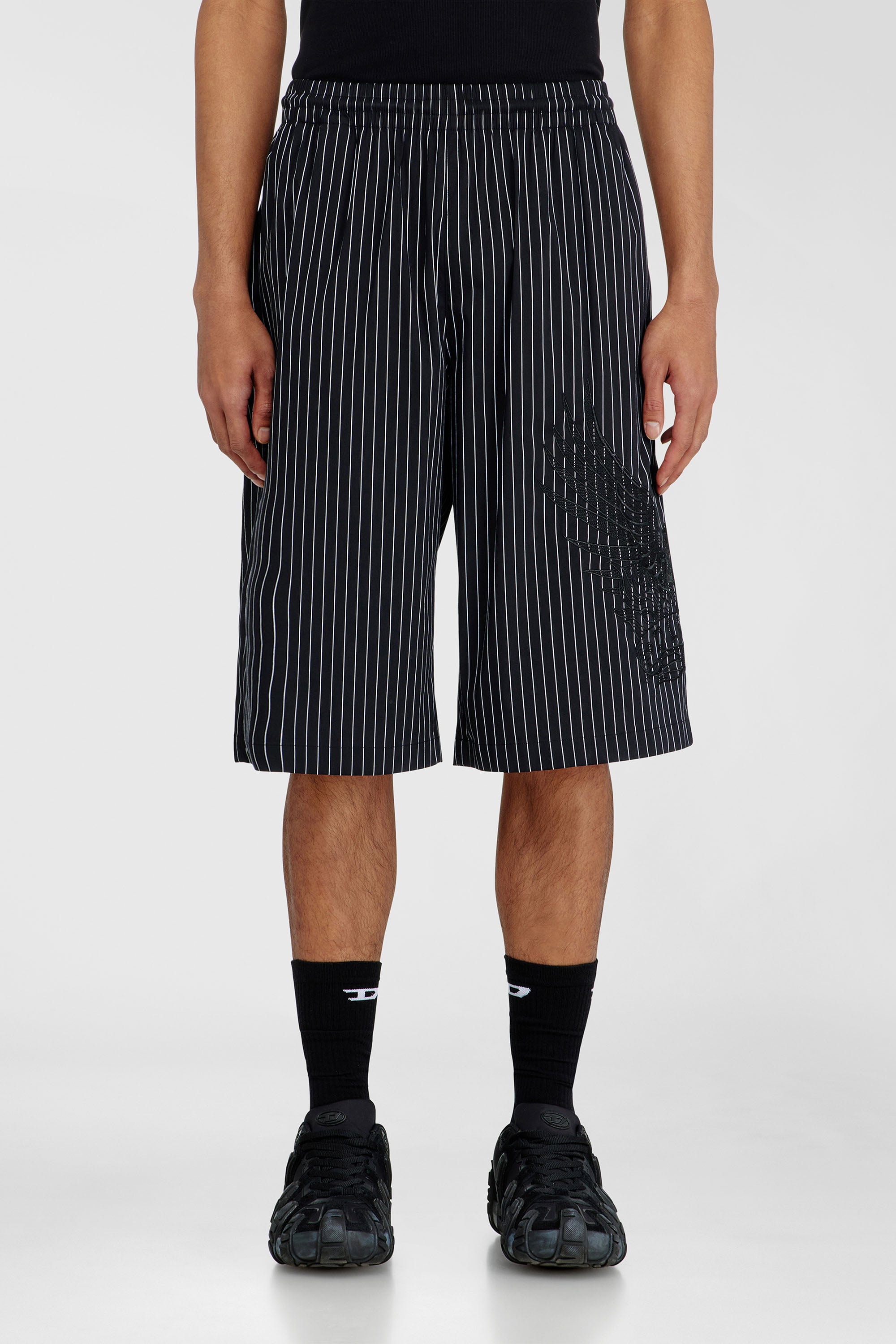 Diesel - P-THEO-SHORT-NJCA, Man's Pinstripe shorts with Phoenix embroidery in Black - 1