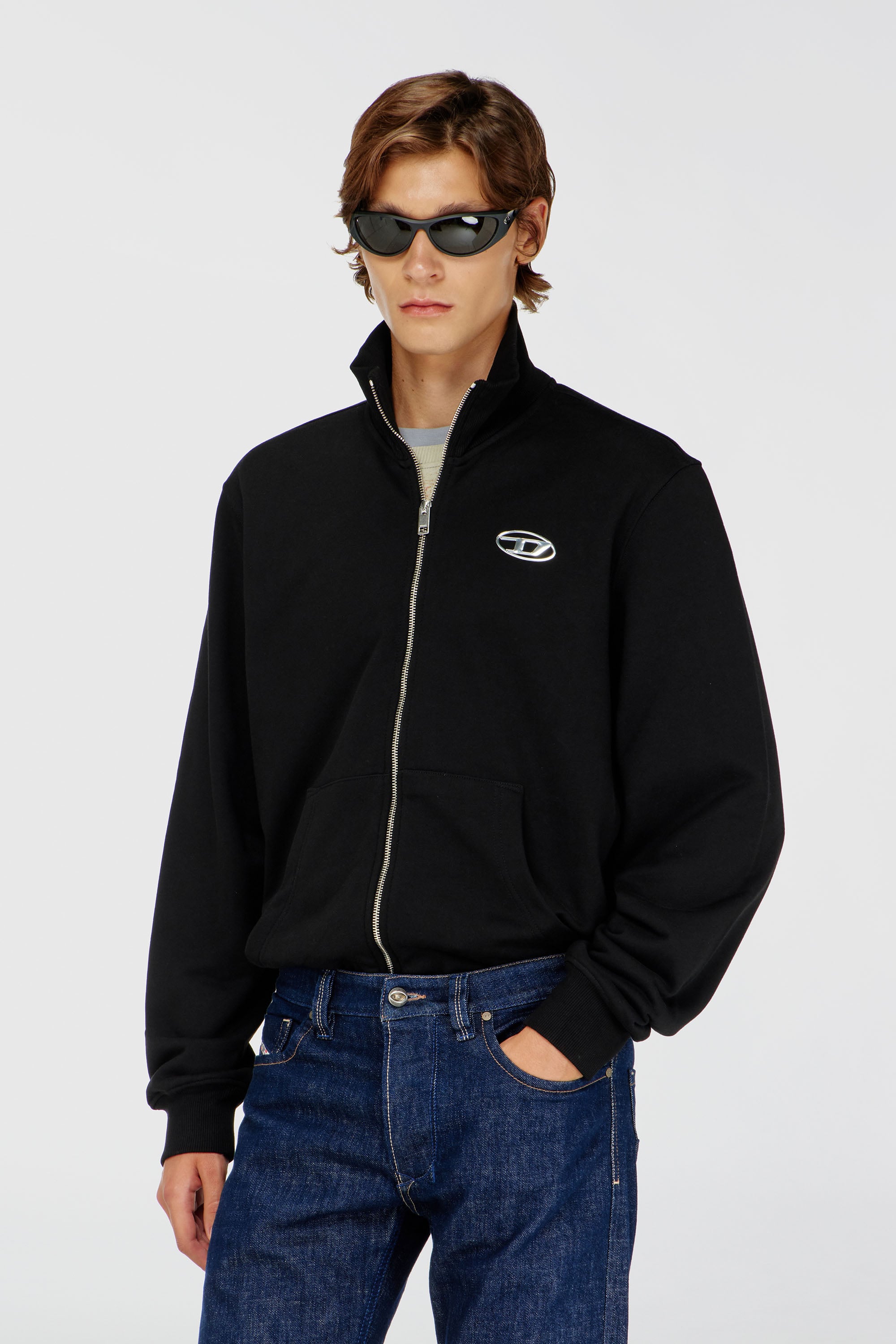 Diesel - S-GINNI-ZIP-OD, Man's Zip-up sweatshirt with metallic logo in Black - 1