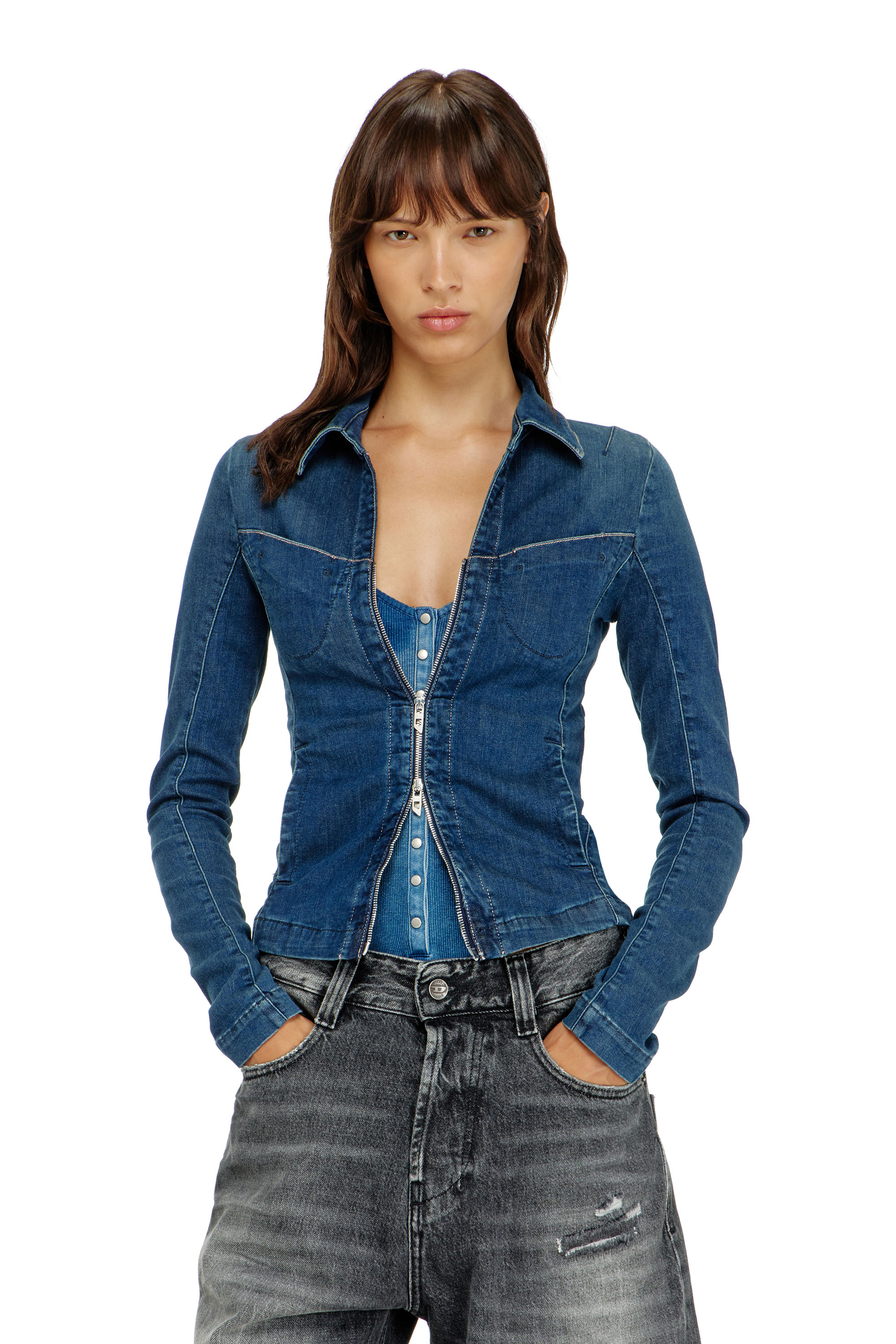 Diesel - DE-QUINOR-S1, Woman's Full-zip shirt in denim in Medium blue - 1