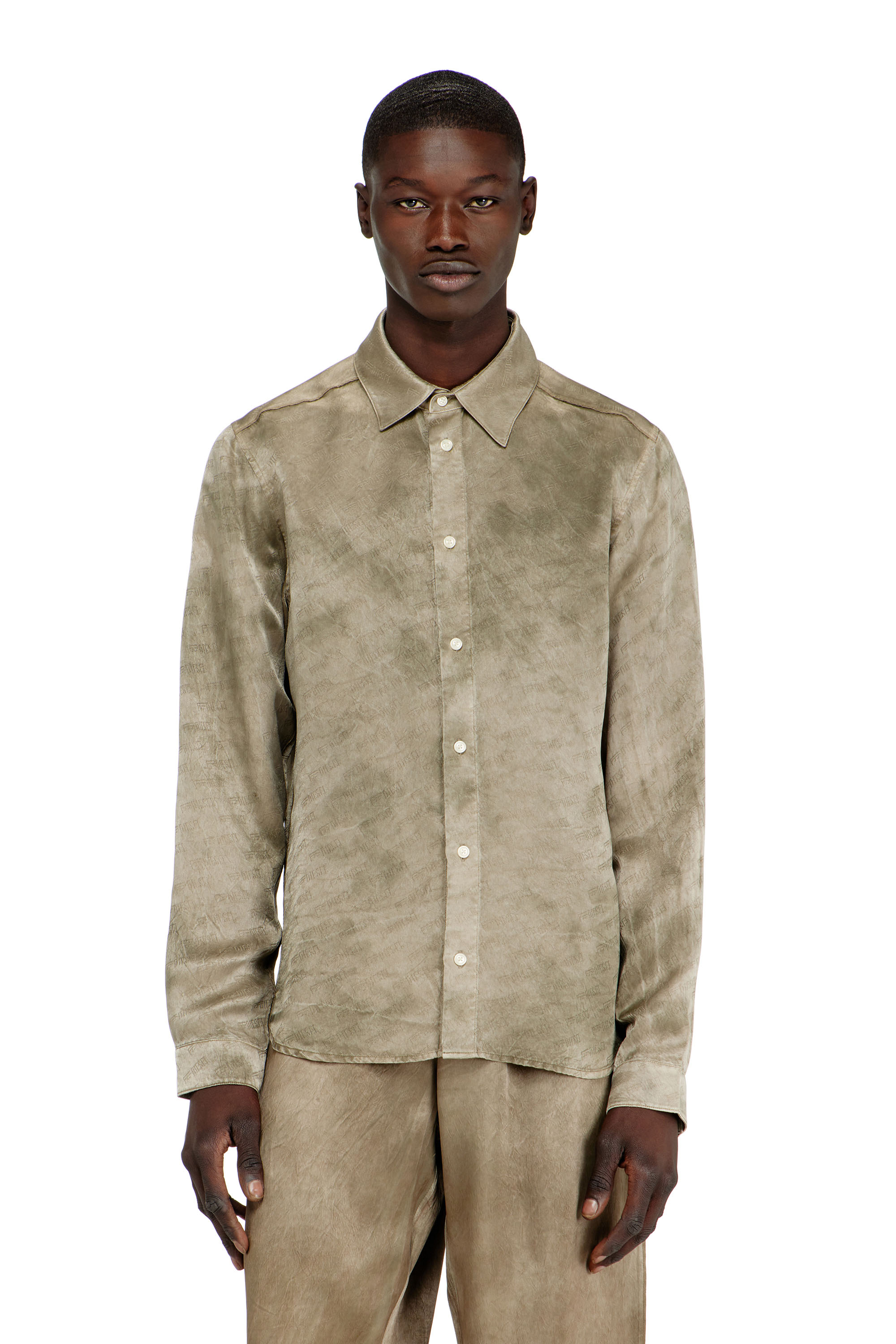 Diesel - S-KISSY-HNBW, Man's Shirt in logo-jacquard crinkled satin in Light Brown - 1